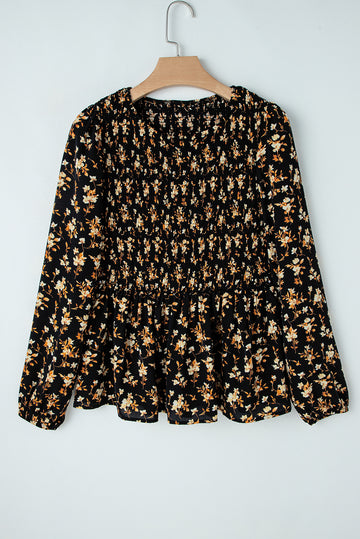 Boho Floral Smocked Bust Ruffled Peplum Blouse