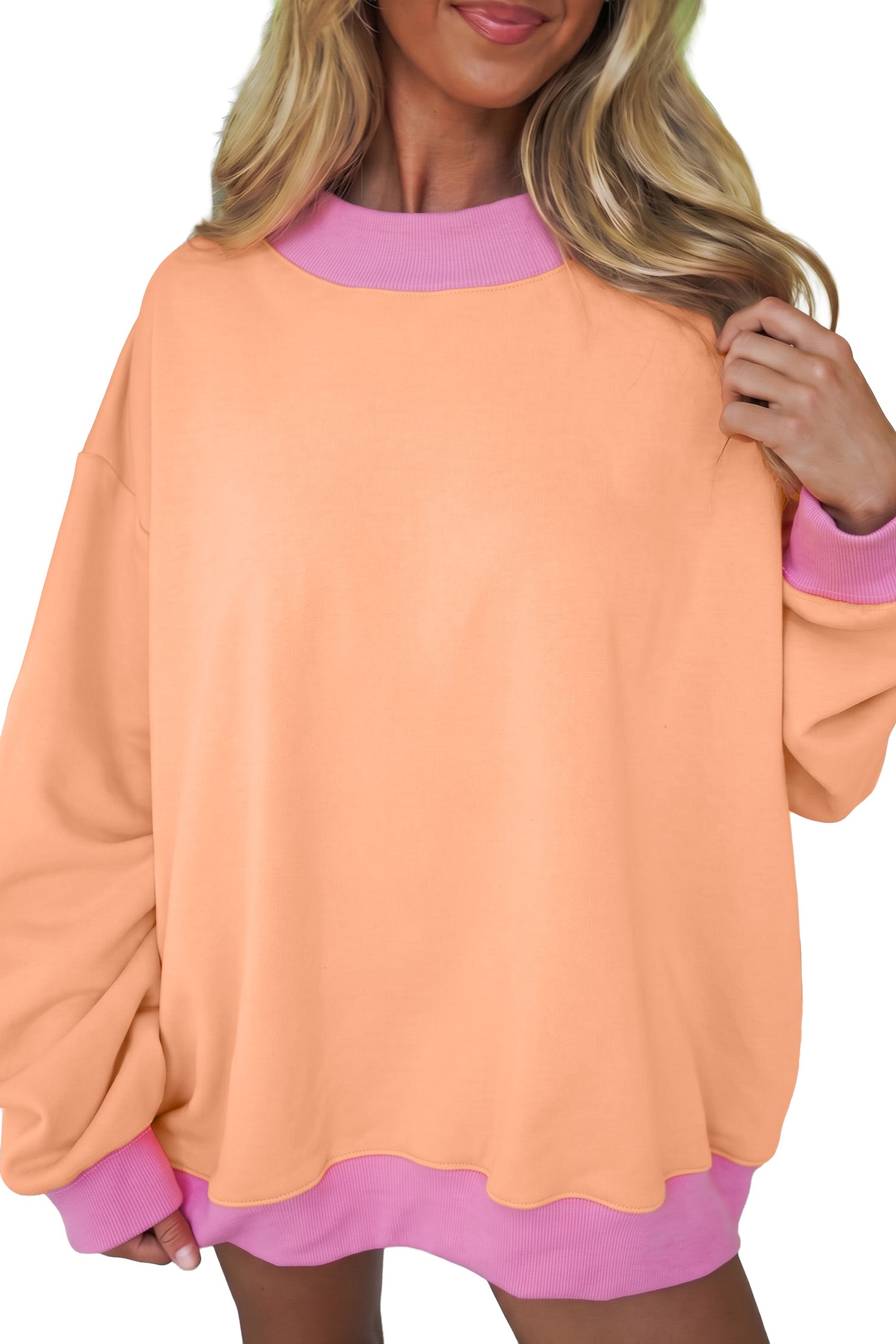 Colorblock Trim Crewneck Long Sleeve Pullover Sweatshirt – Pink