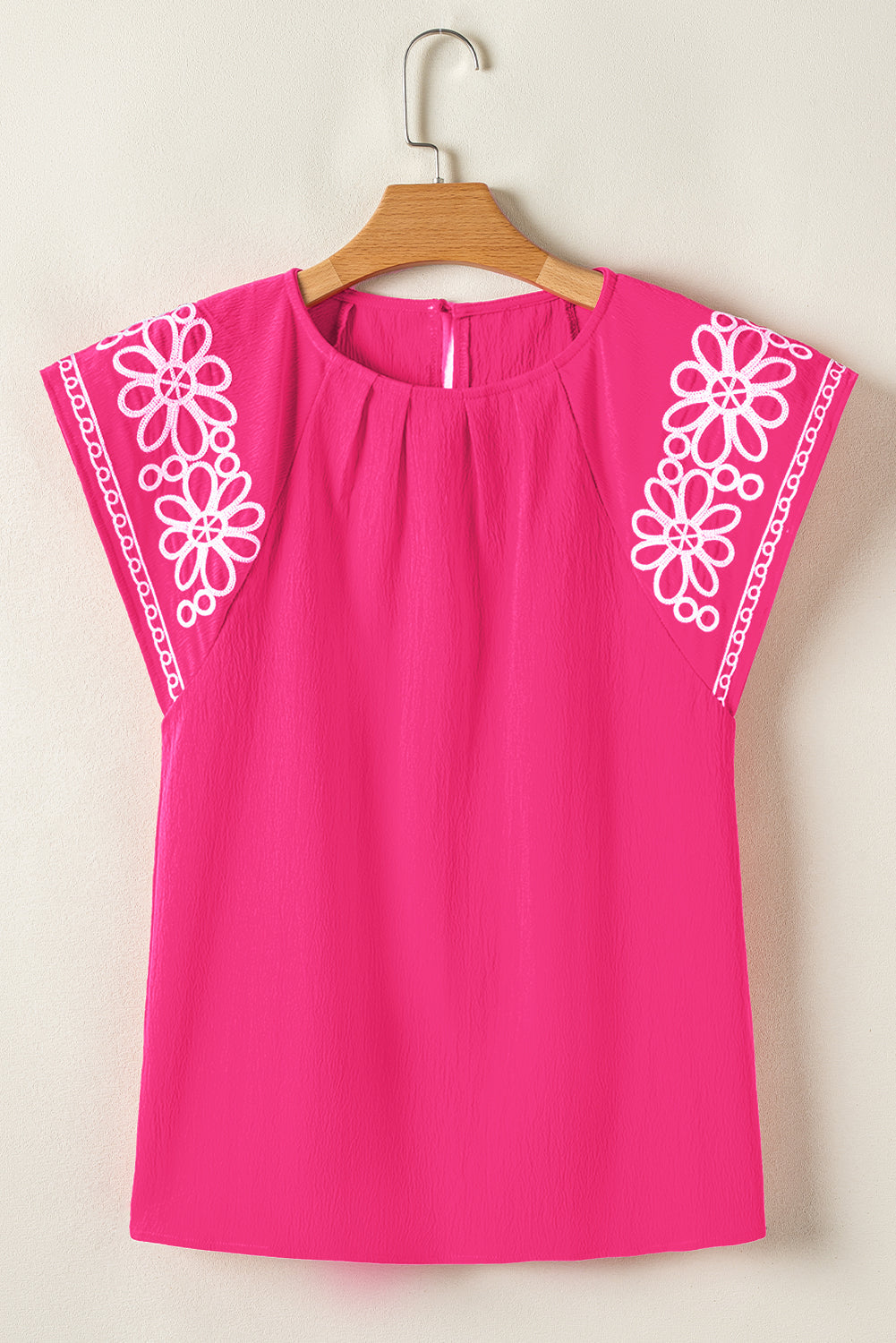 Sachet Pink Floral Embroidered Flutter Sleeve Pleated Neck Blouse eAura