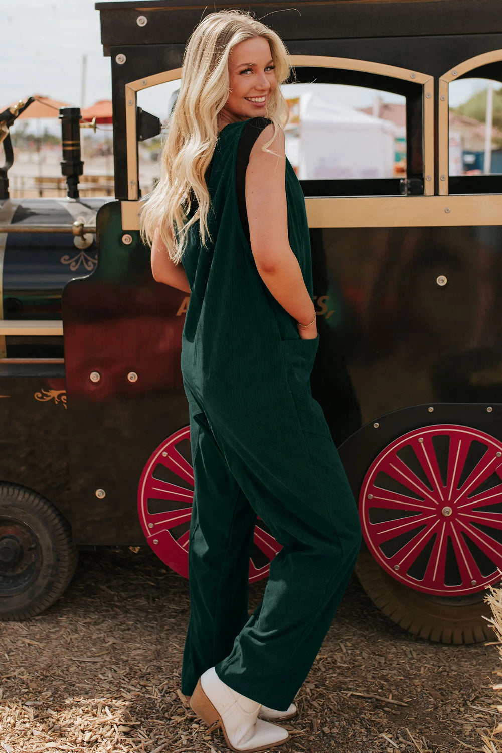 Green Corduroy V-Neck Patched Pocket Sleeveless Jumpsuit