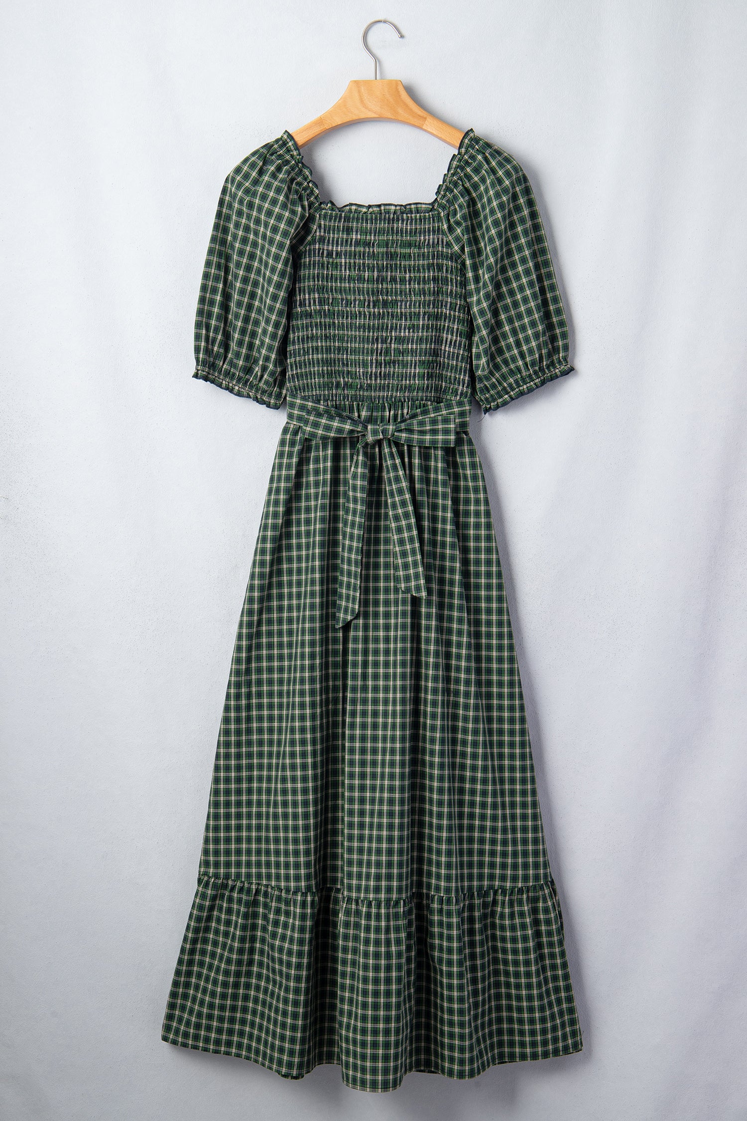 Plaid Square Neck Shirred High Waist Ruffle Hem Dress – Green