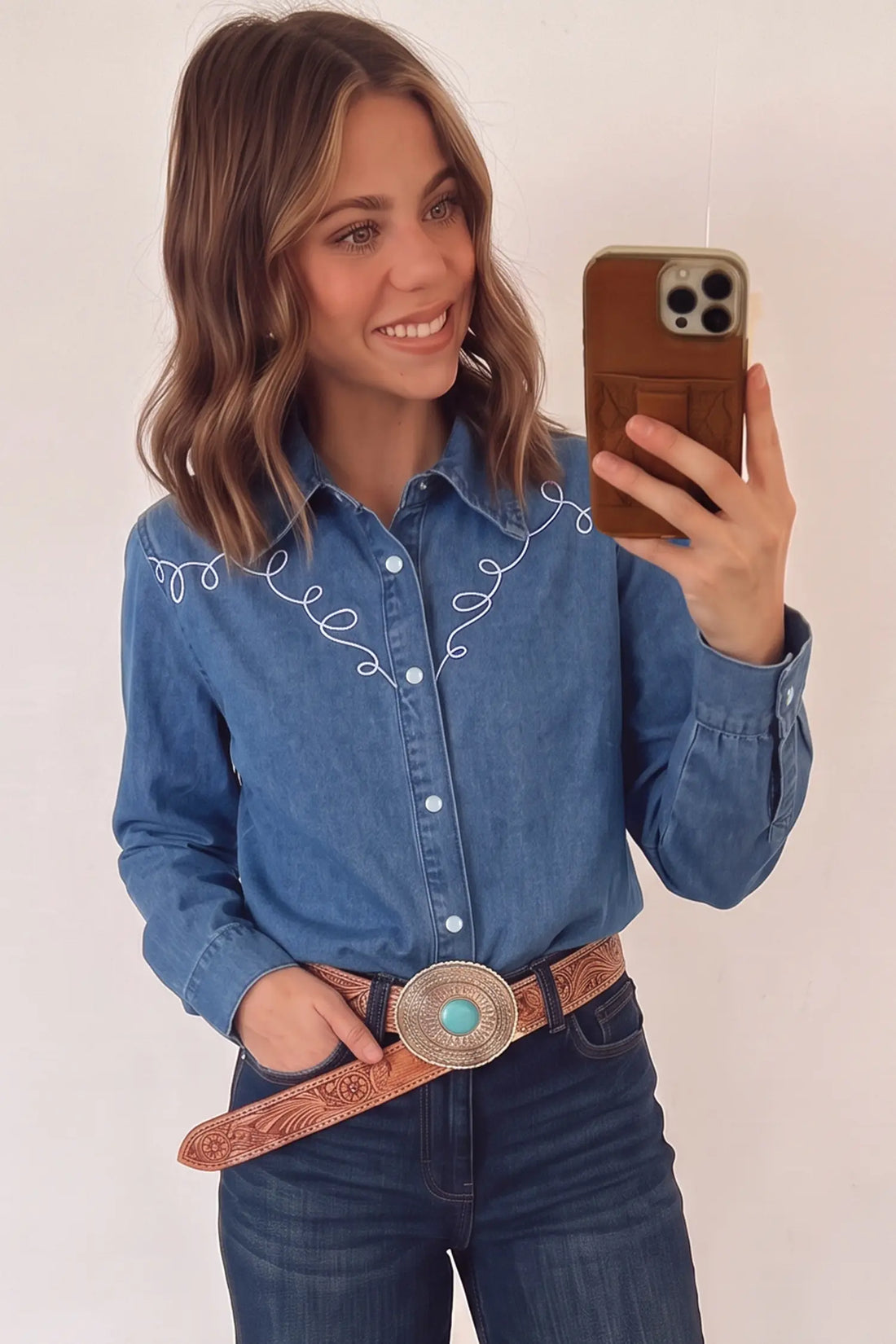 Western Embroidered Collar Long Sleeve Denim Shirt – Dusk Blue
