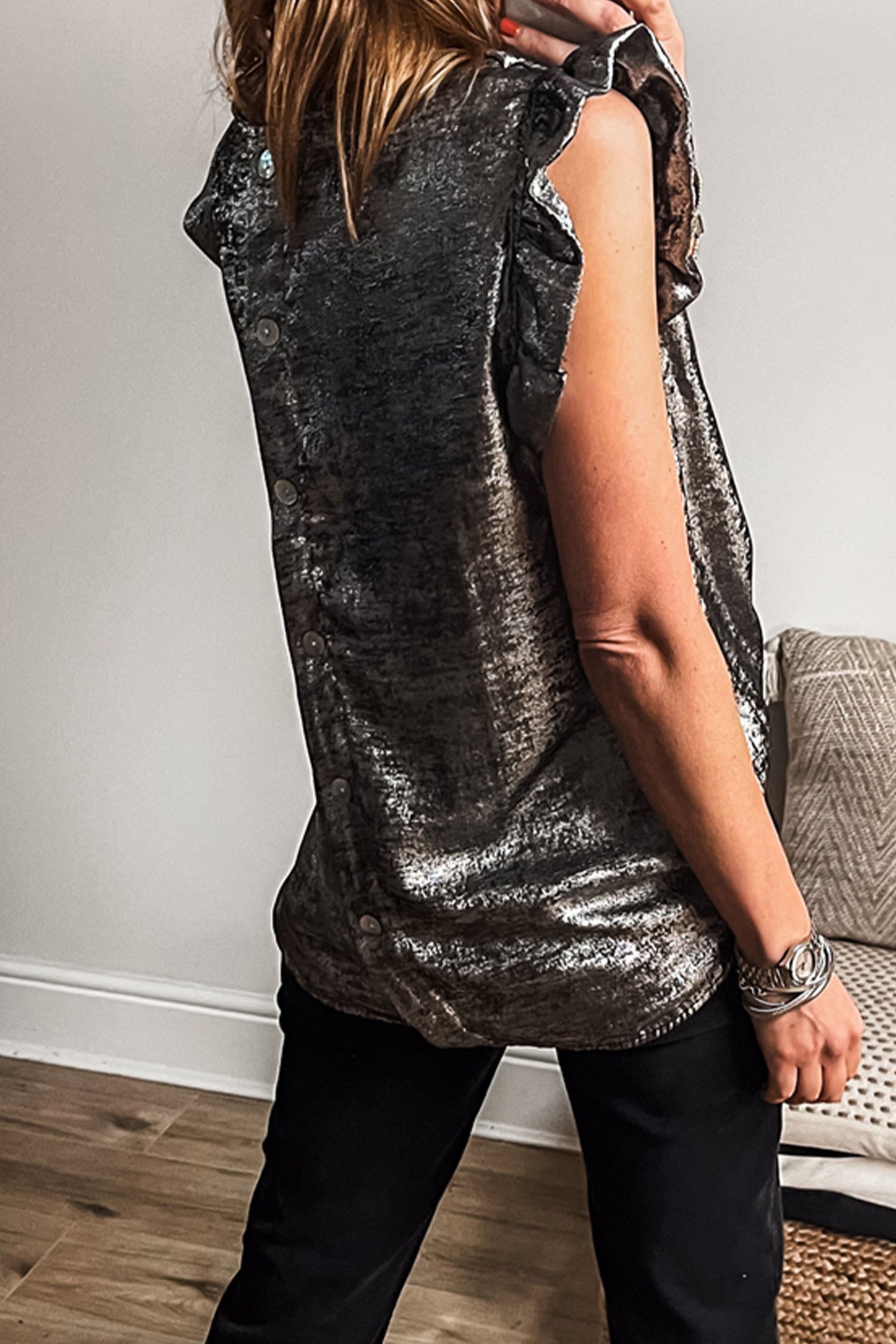 Metallic Round Neck Ruffle Trim Sleeveless Top