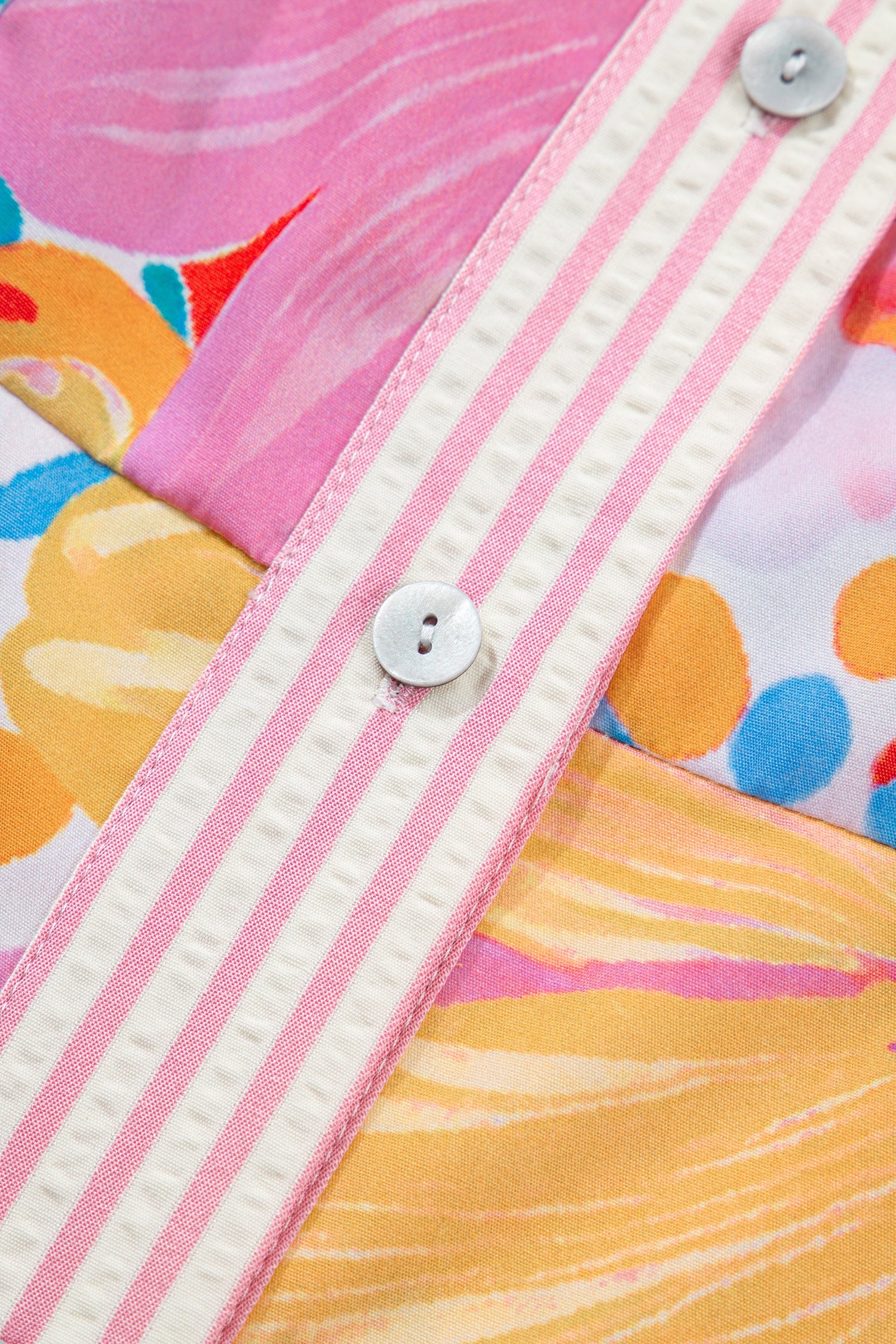 Floral Print Striped Trim Button-Down Shirt Dress