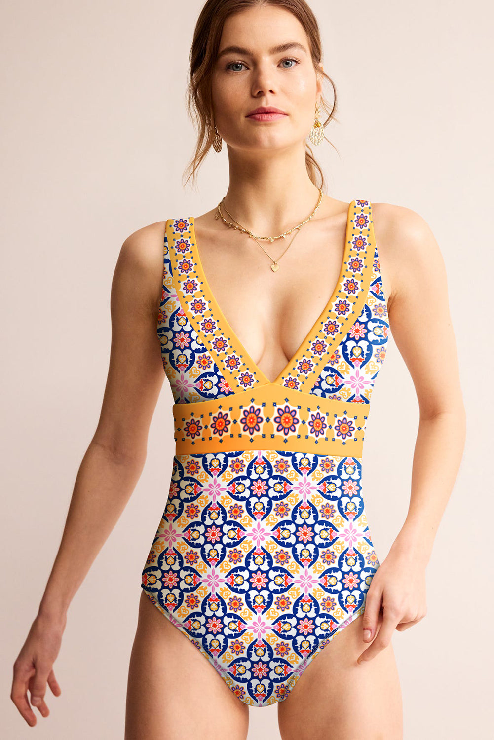 Yellow Floral Print V Neck One Piece Swimsuit eAura