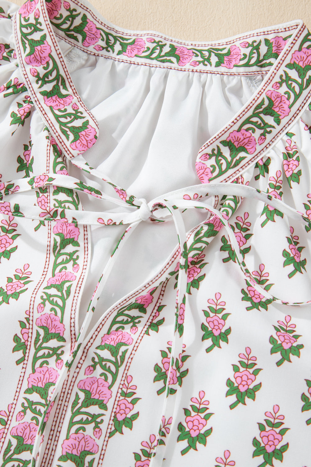 Pink Floral Print Bubble Sleeve Neck Tie Ruffled Dress eAura