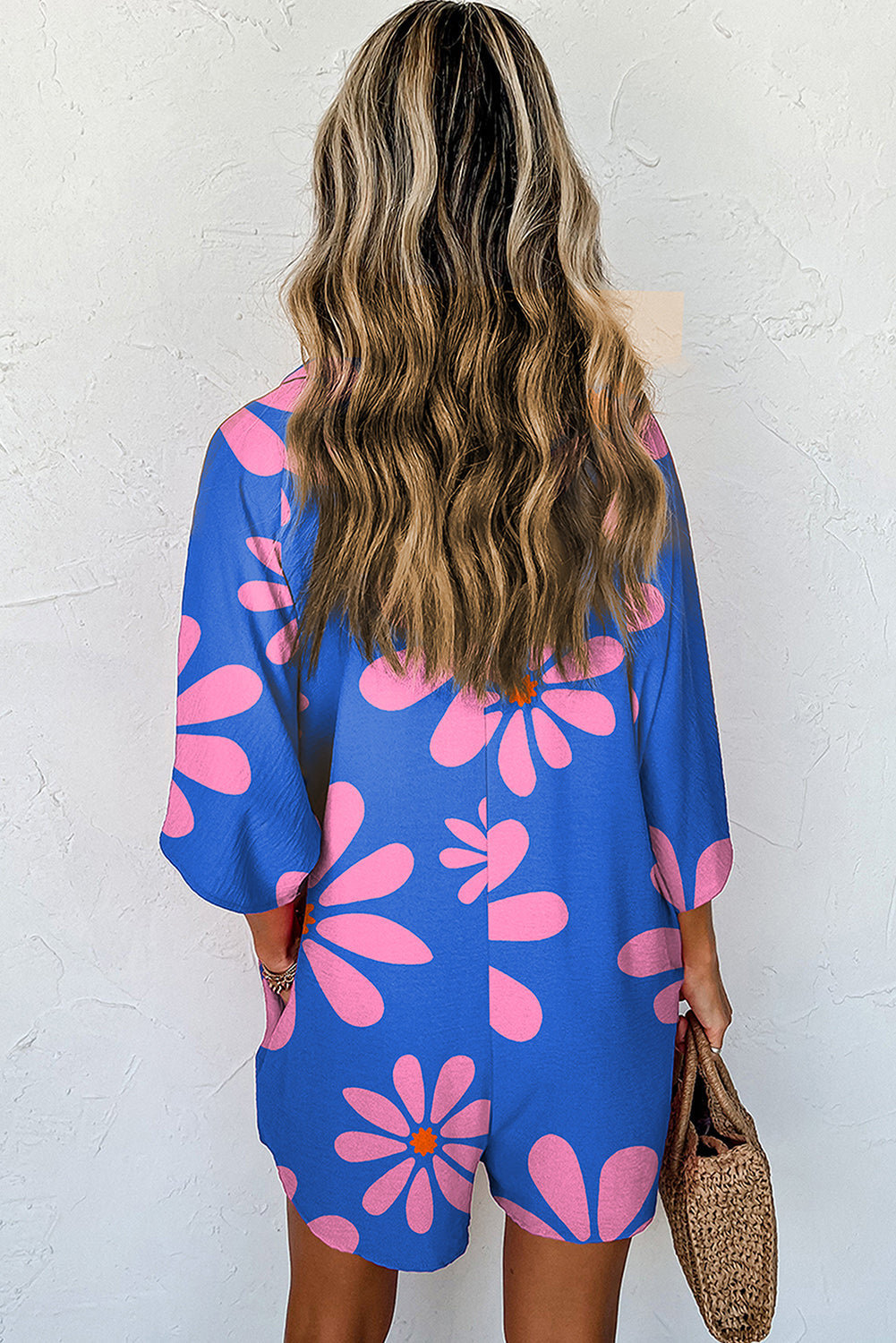 Blue Summer Flower Print Shirt Collar Button Front Loose Romper Dear-Lover Dropshipping