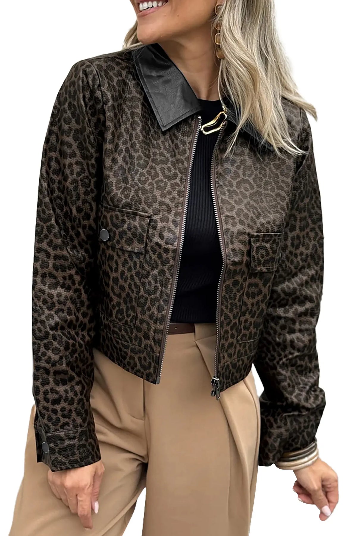 Leopard Print Colourblock Collar Metal Placket Jacket – Multicolour
