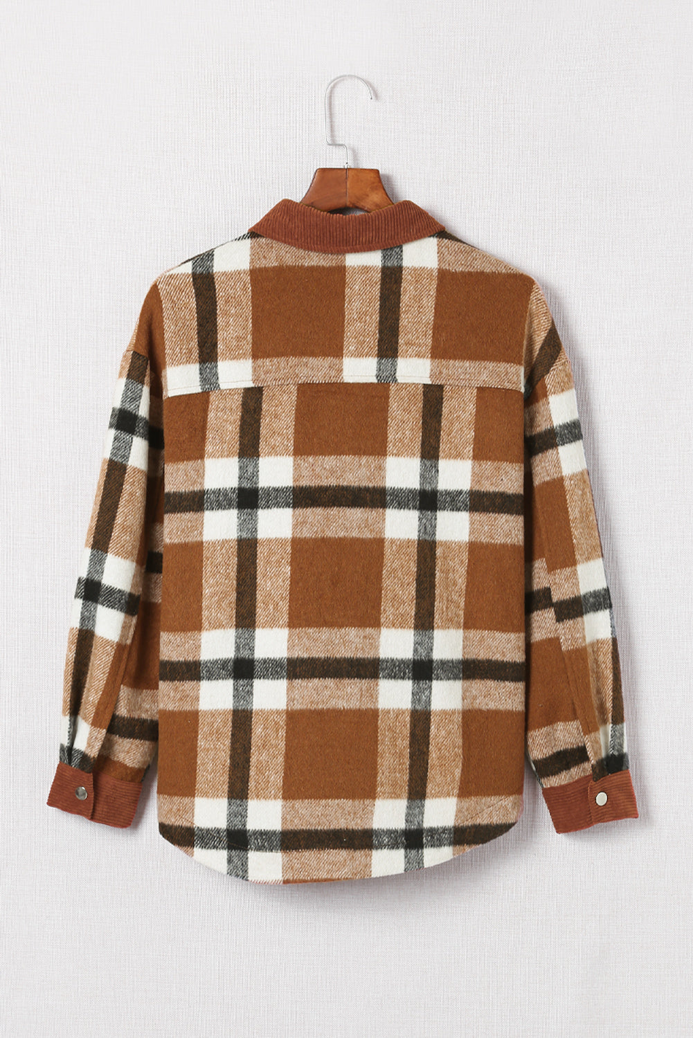 Brown Pocketed Buttoned Plaid Shirt Jacket Beagle Boutique Fashion Outlet