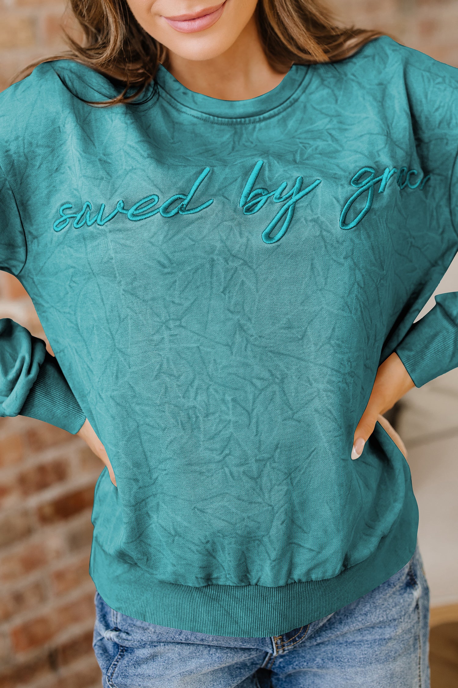 'Saved By Grace' Embroidered Mineral Wash Sweatshirt