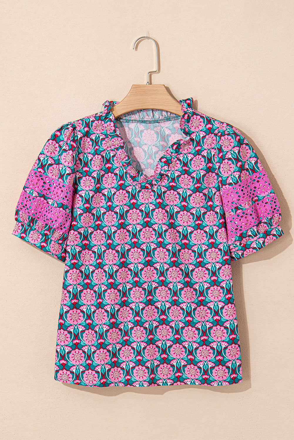 Sachet Pink V-Neck Ruffle Abstract Floral Print Puff Sleeve Top eAura