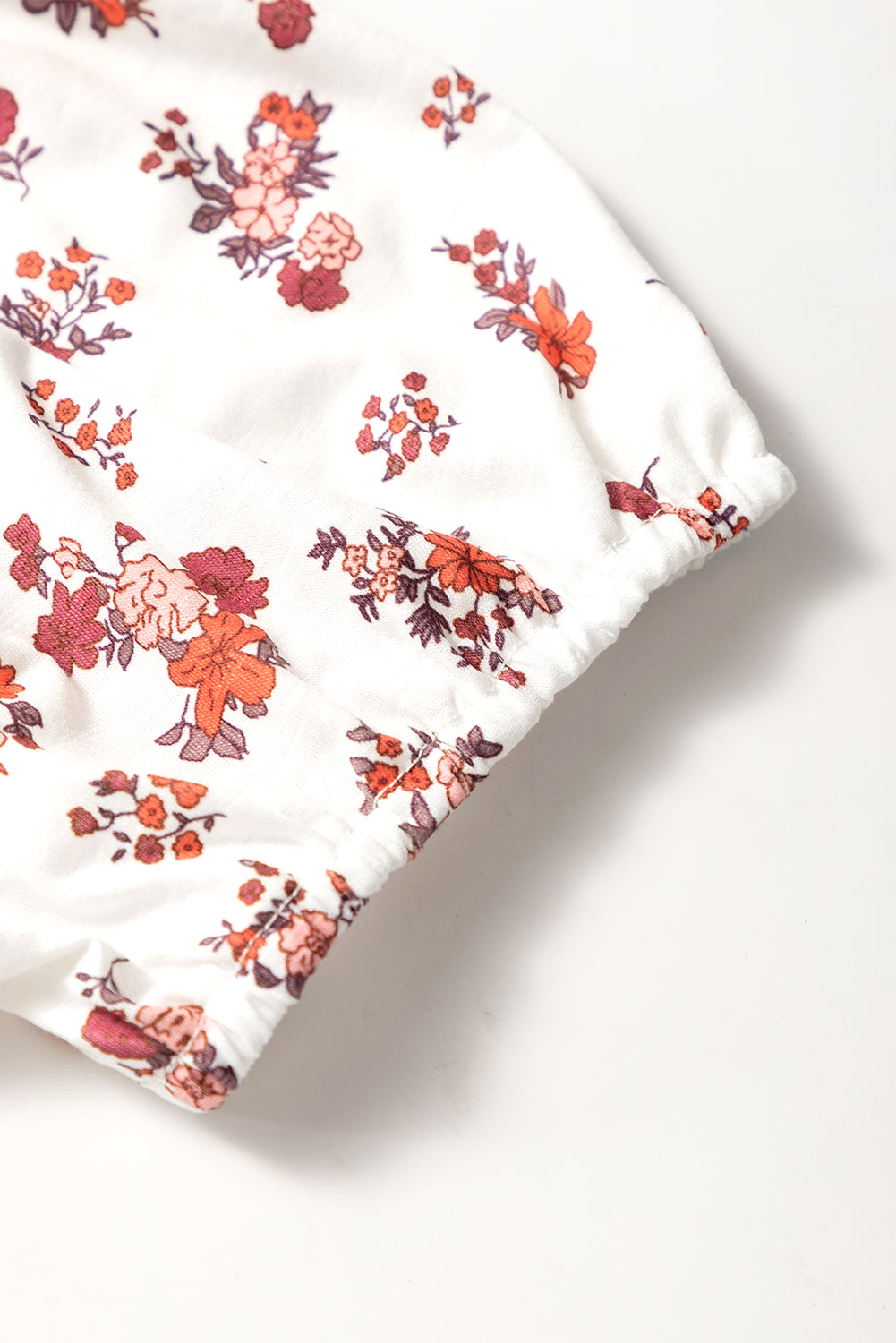 White Boho Floral Ruched Cinched Short Sleeve Blouse eAura