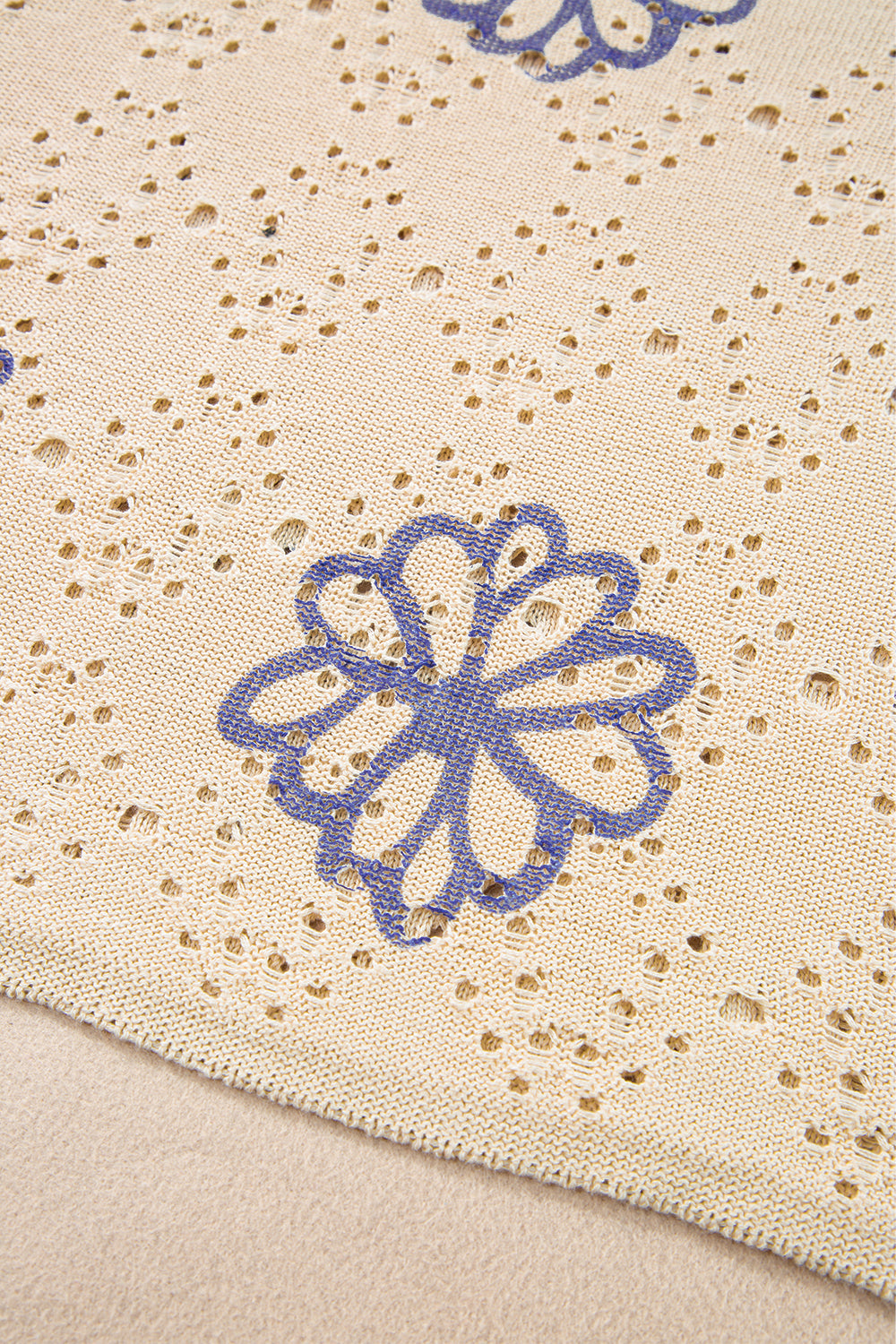 Beige Contrast Flower Print Eyelet Drop Shoulder Sweater eAura