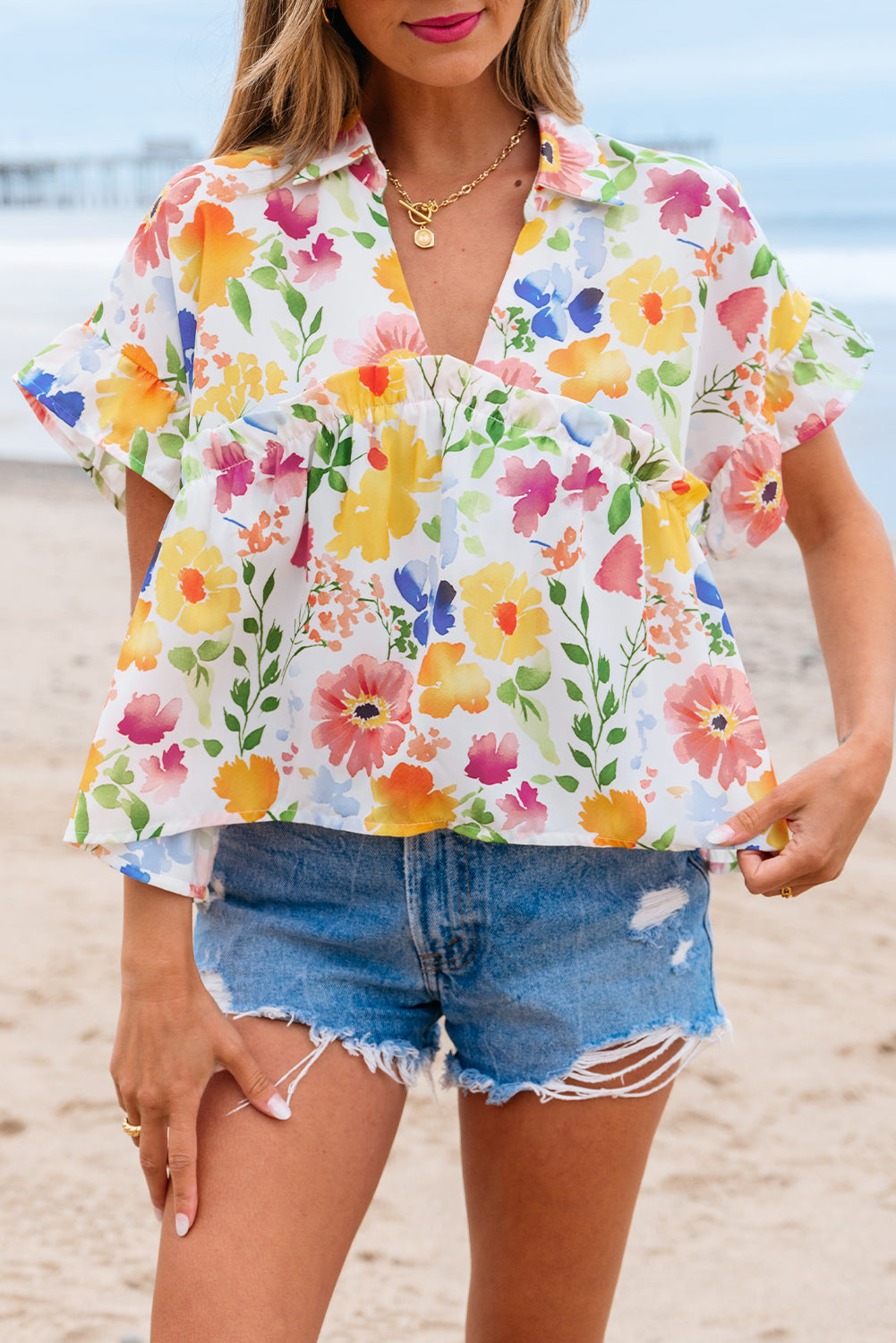 Yellow Floral Boxy Fit Ruffled Short Sleeve V Neck Blouse eAura
