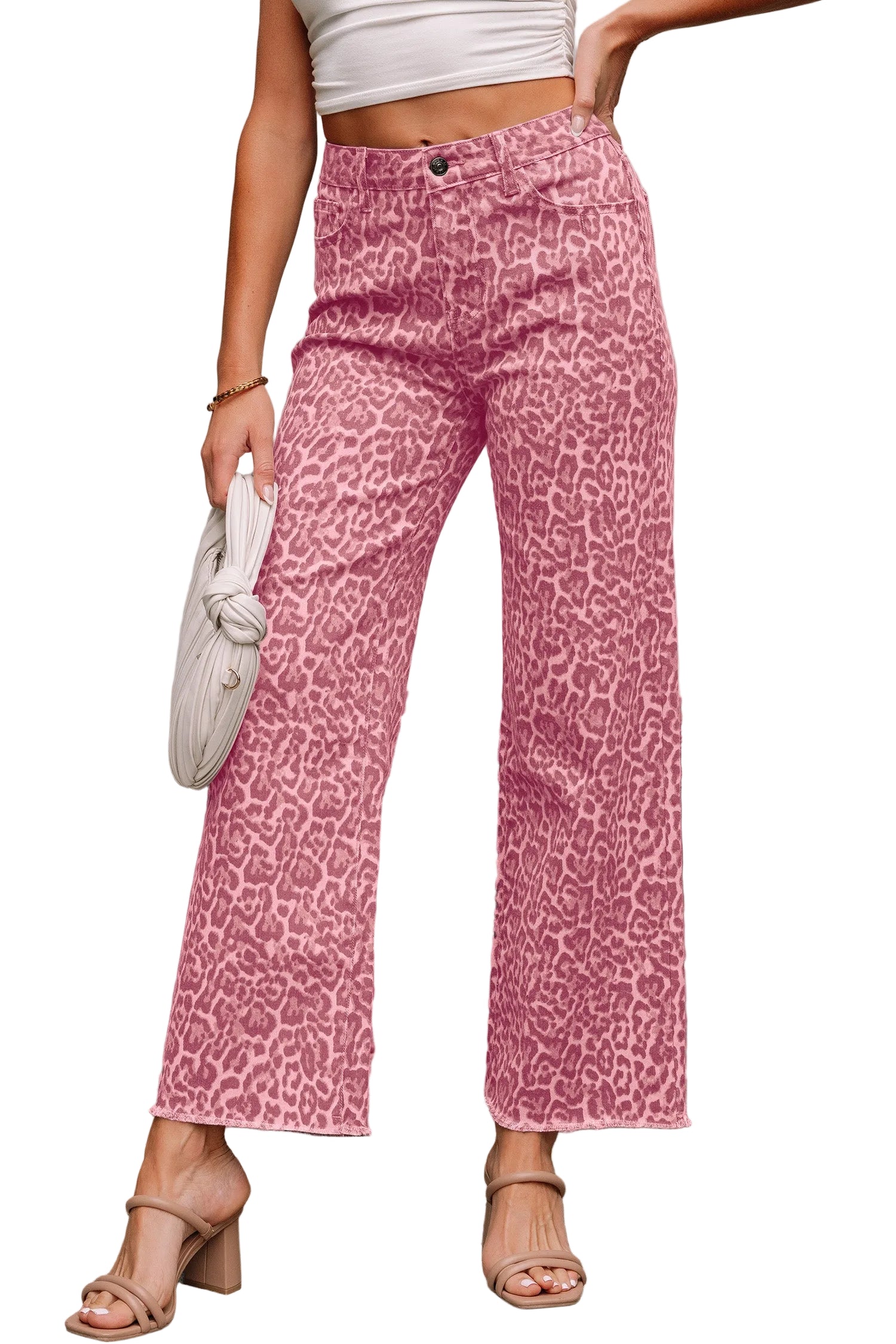 Leopard Frayed Edge Wide Leg High Waist Jeans - Pink / 4 - Bottoms/Jeans/WideLeg