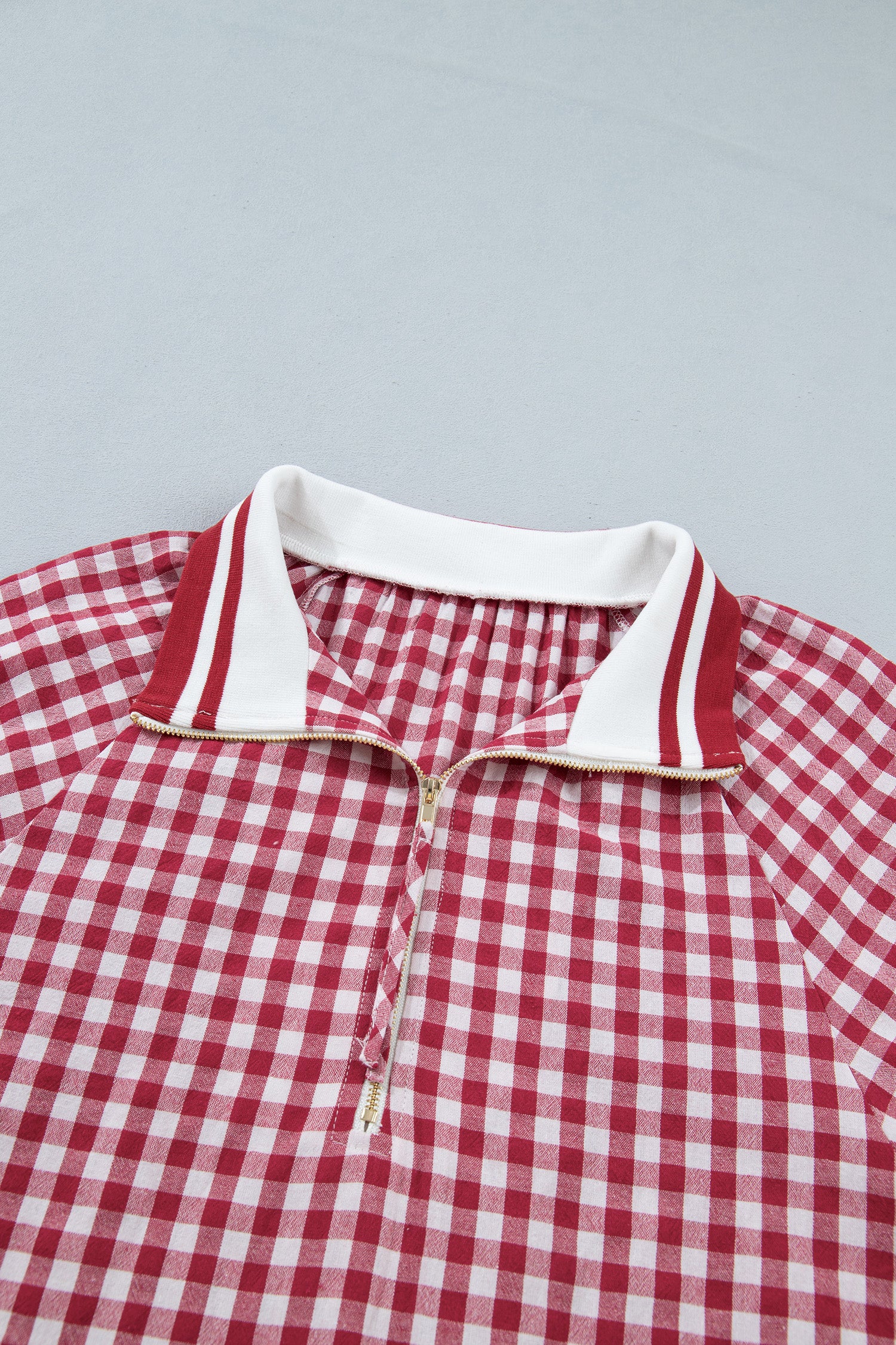 Gingham Striped Patchwork Half Zip Blouse – Red