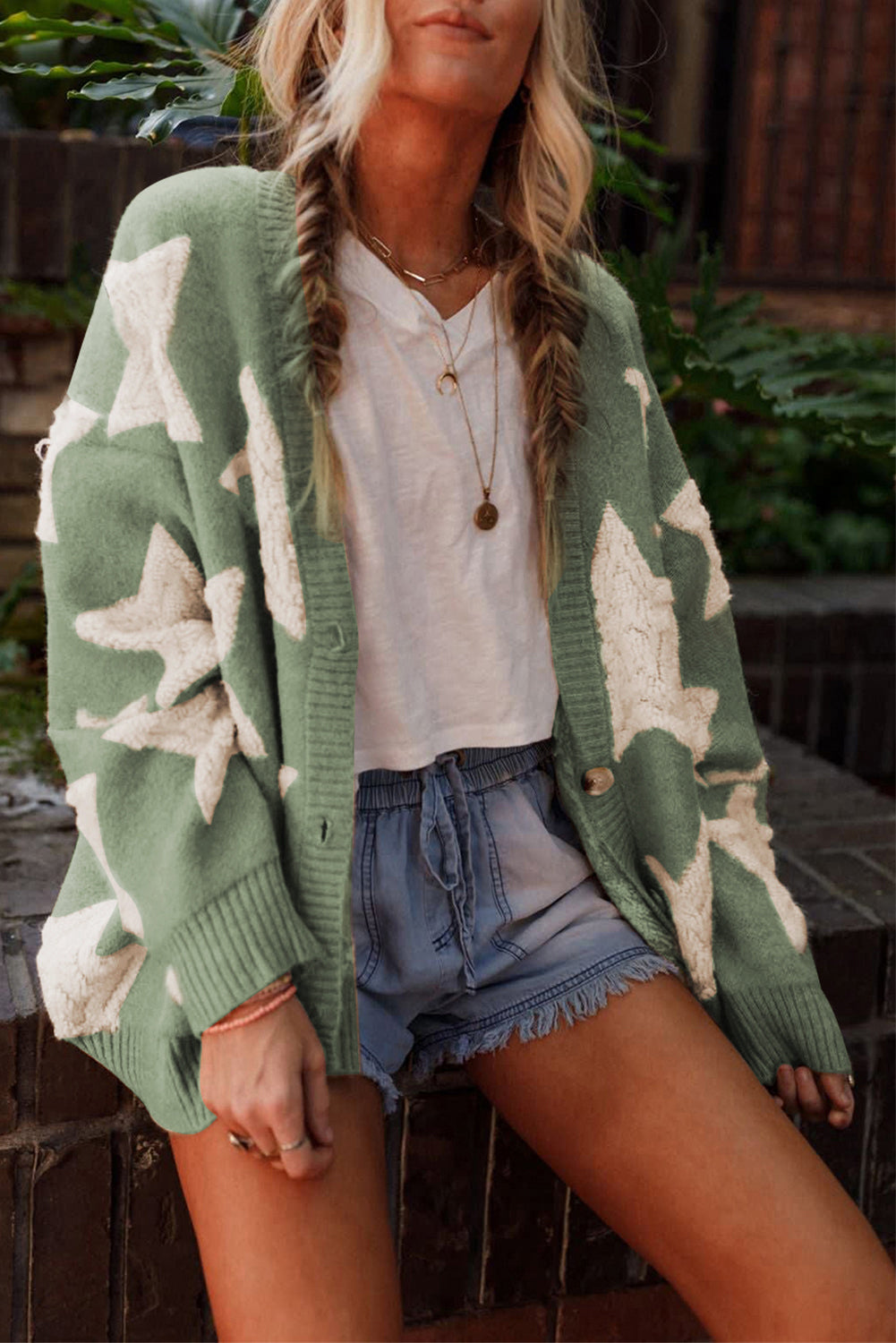 Green Sherpa Star Pattern Textured Sweater Cardigan with Pockets eAura