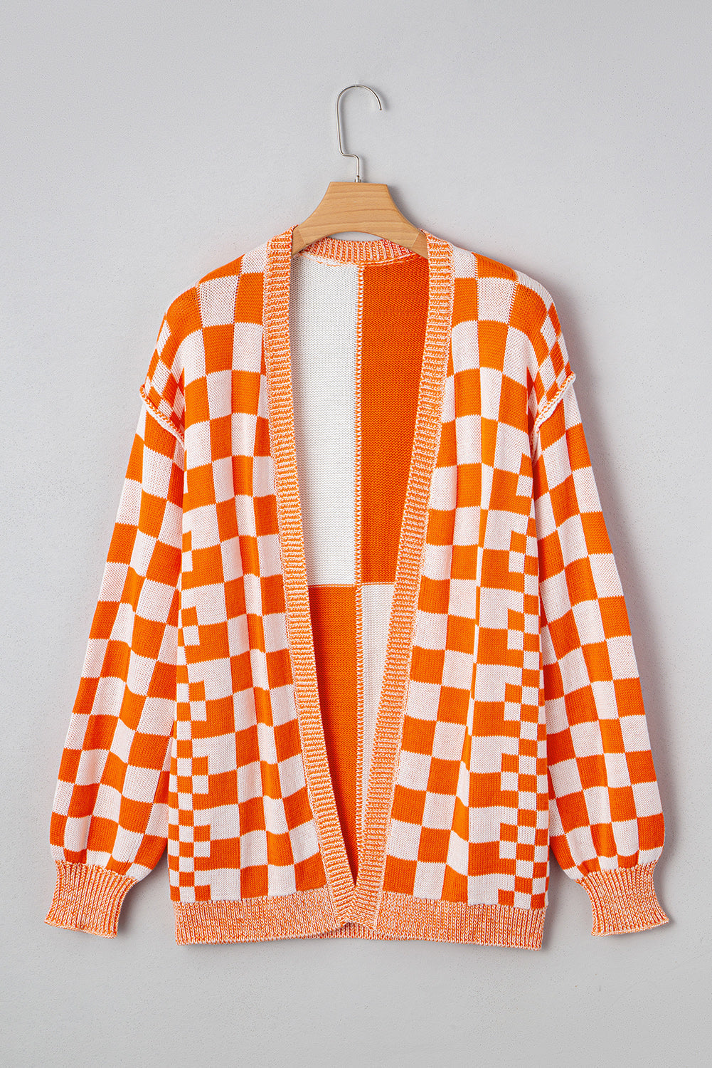 Orange Checkered Open Front Drop Shoulder Cardigan eAura