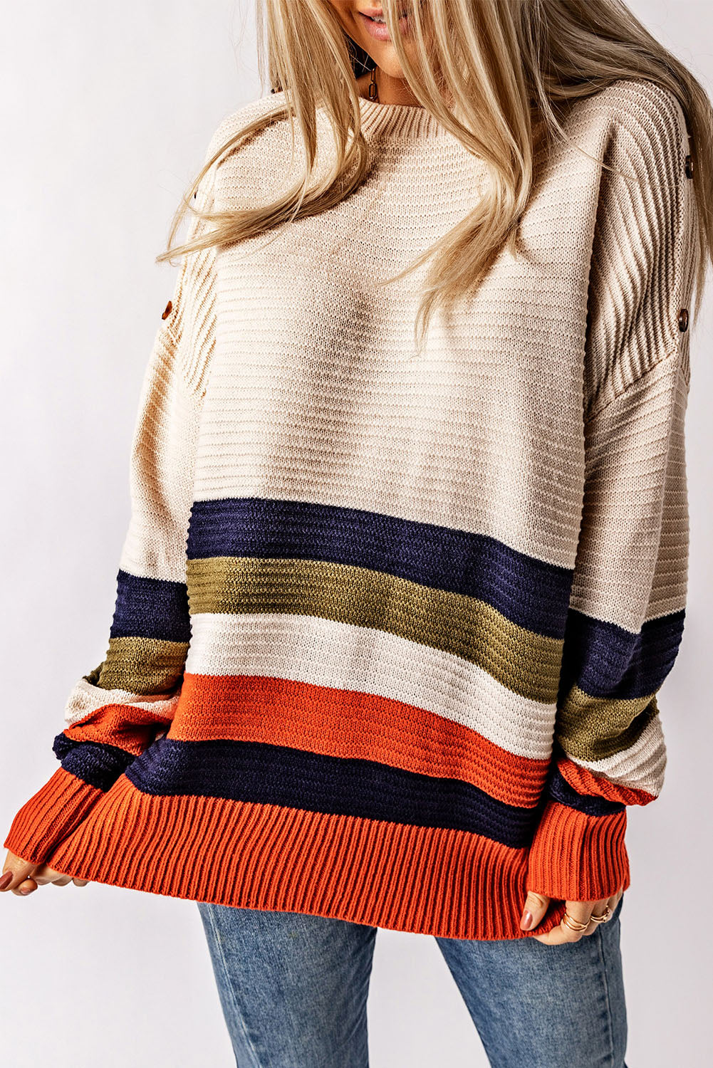White Buttoned Shoulder Drop Shoulder Striped Sweater eAura
