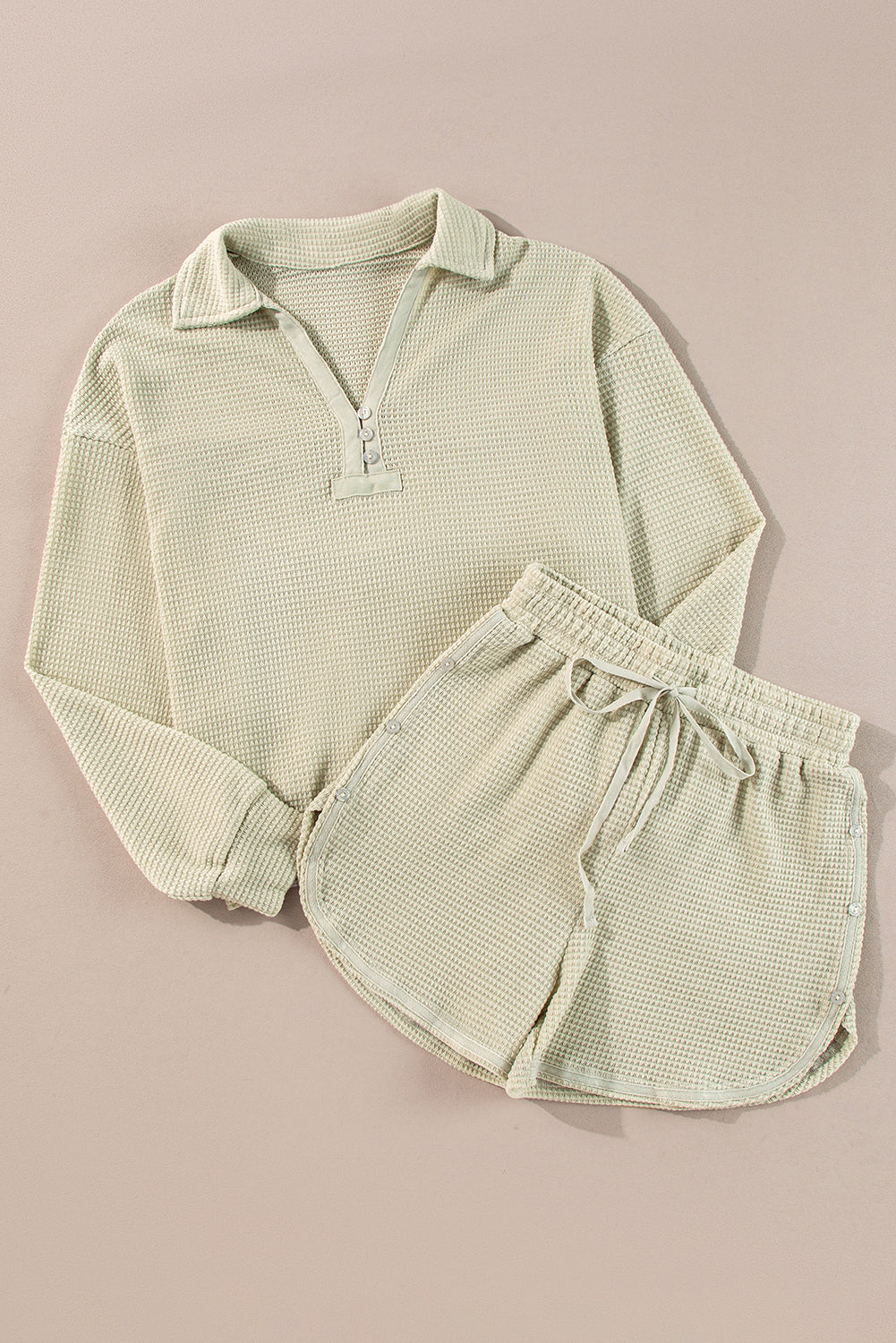 Parchment Textured Buttoned Long Sleeve Top 2 Piece Shorts Set eAura