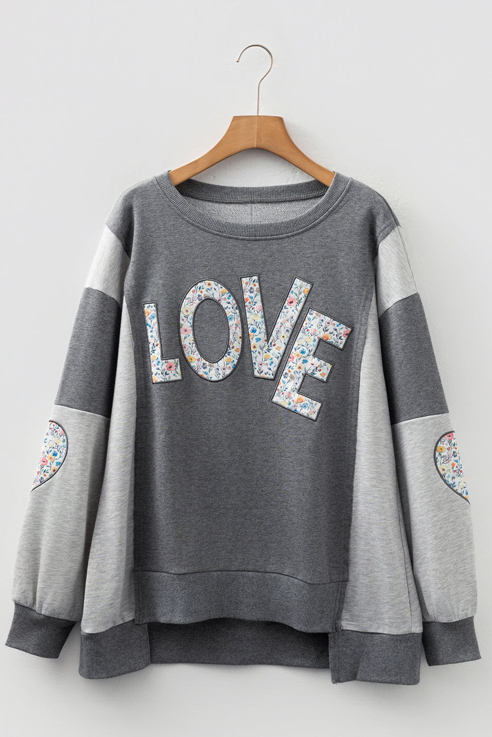 LOVE Graphic Exposed Seam Patchwork Uneven Hem Chic Sweatshirt - eAura