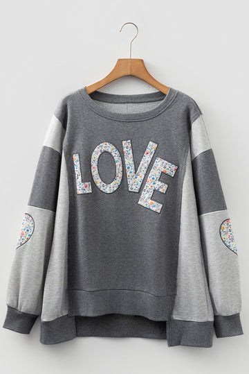 LOVE Graphic Exposed Seam Patchwork Uneven Hem Chic Sweatshirt - eAura