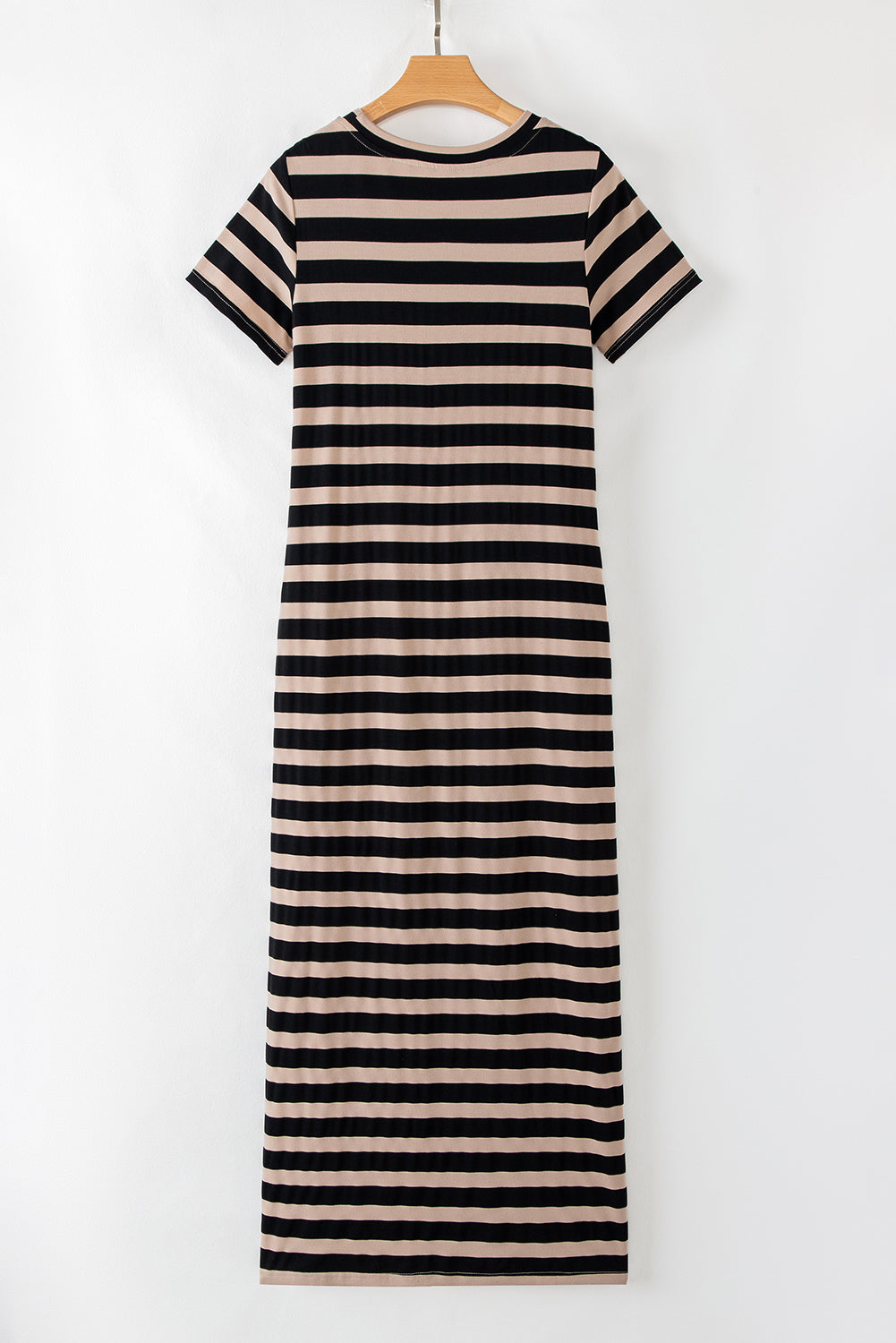 Black Stripe Casual Round Neck T-shirt Maxi Dress with Pockets BB Fashion Outlet