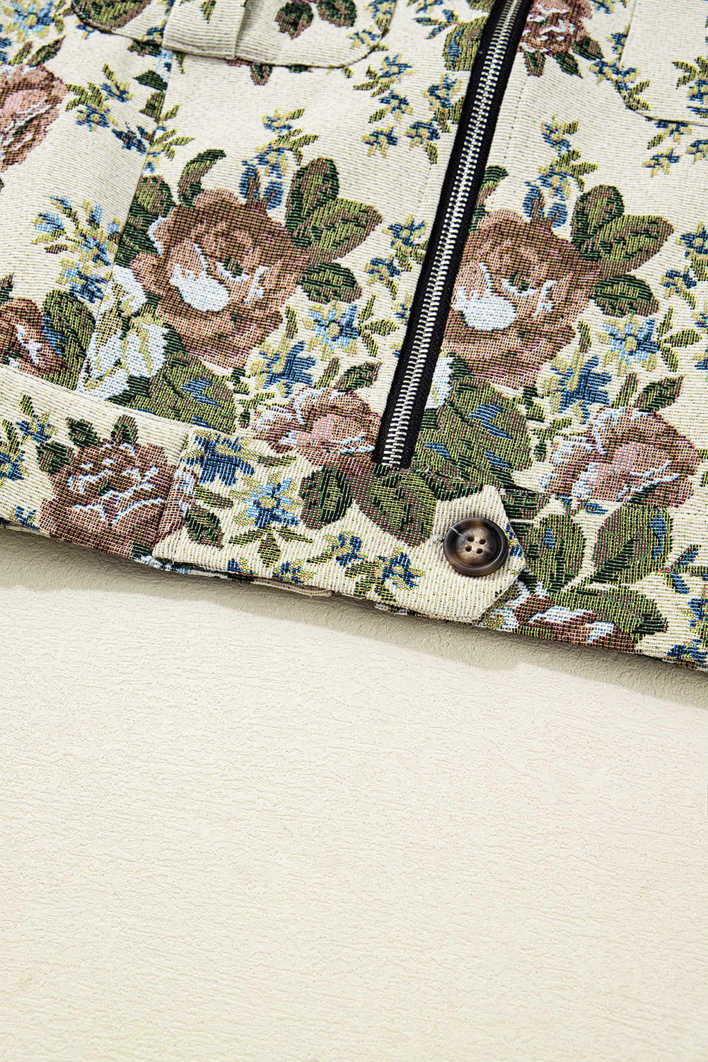 Khaki Floral Print Zip Up Contrast Collared Jacket - eAura