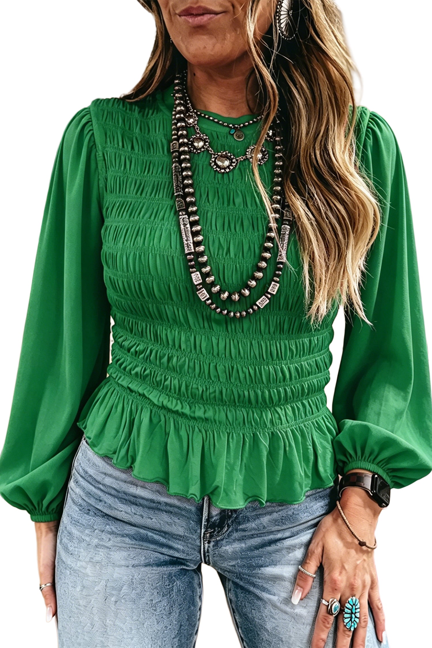 Solid Color Smocked Ruffle Hem Long Sleeve Blouse – Bright Green