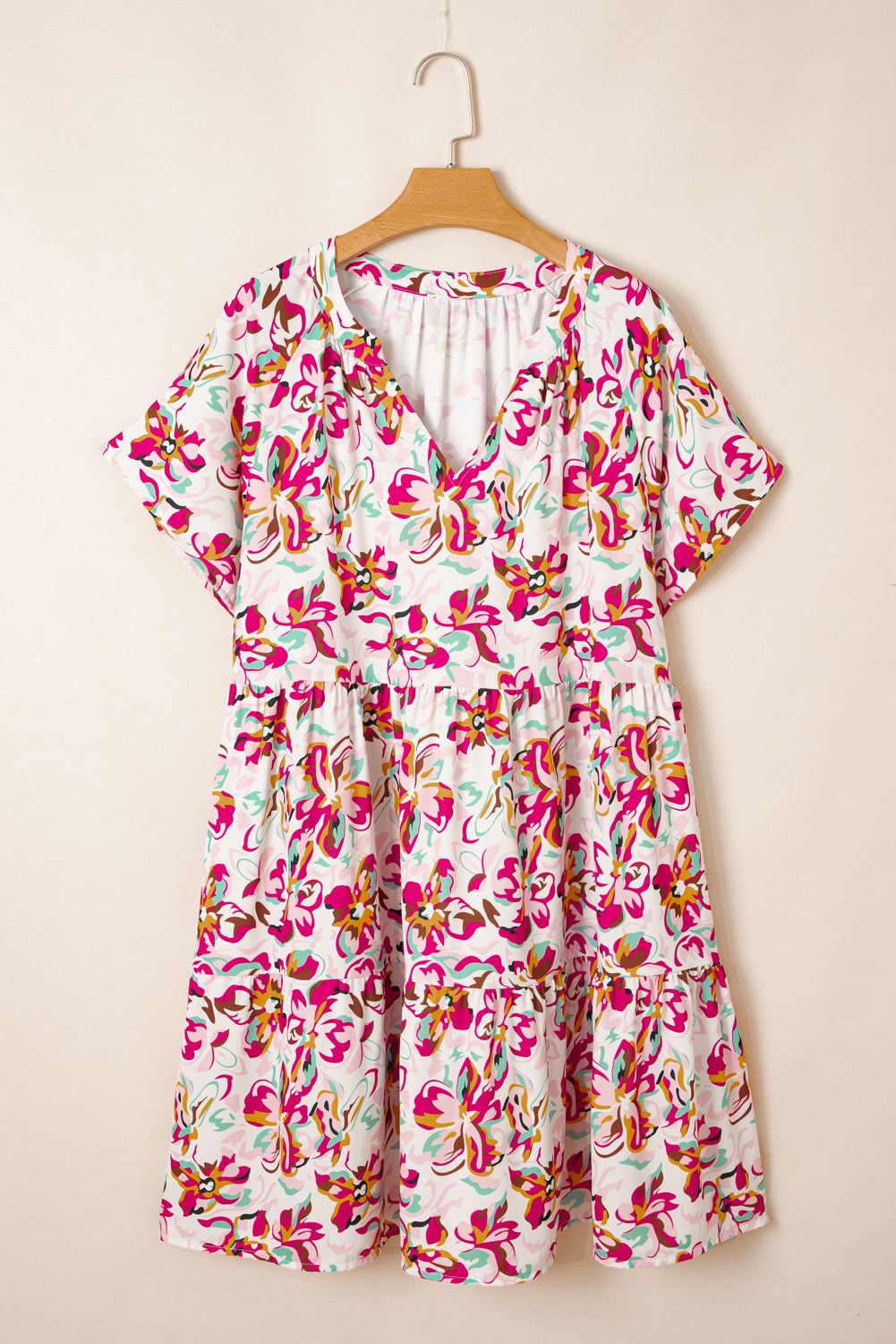 White Abstract Print V Neck Short Sleeve Ruffled Plus Size Mini Dress BB Fashion Outlet