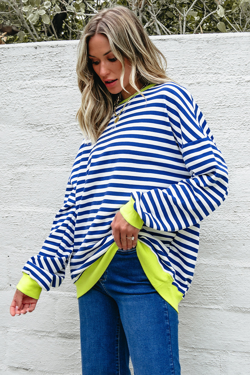 Striped Contrast Ribbed Trim Crossed Stitch Drop Shoulder Sweatshirt - eAura