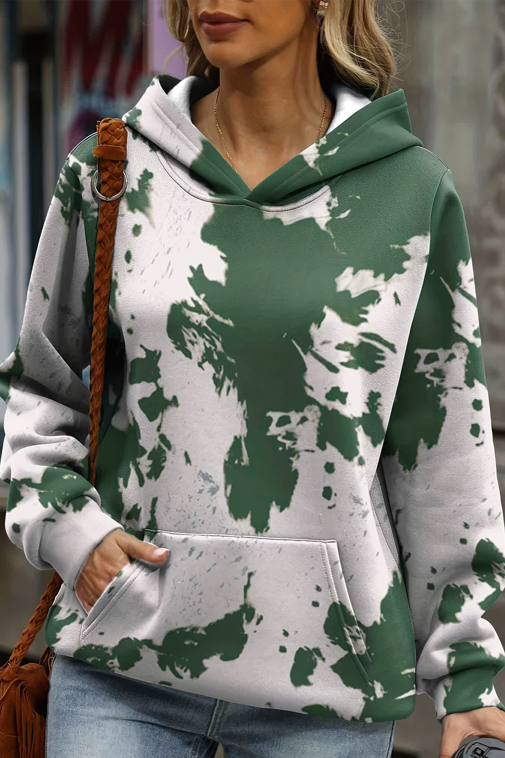 Green Tie Dye Print Kangaroo Pocket Loose Hoodie eAura