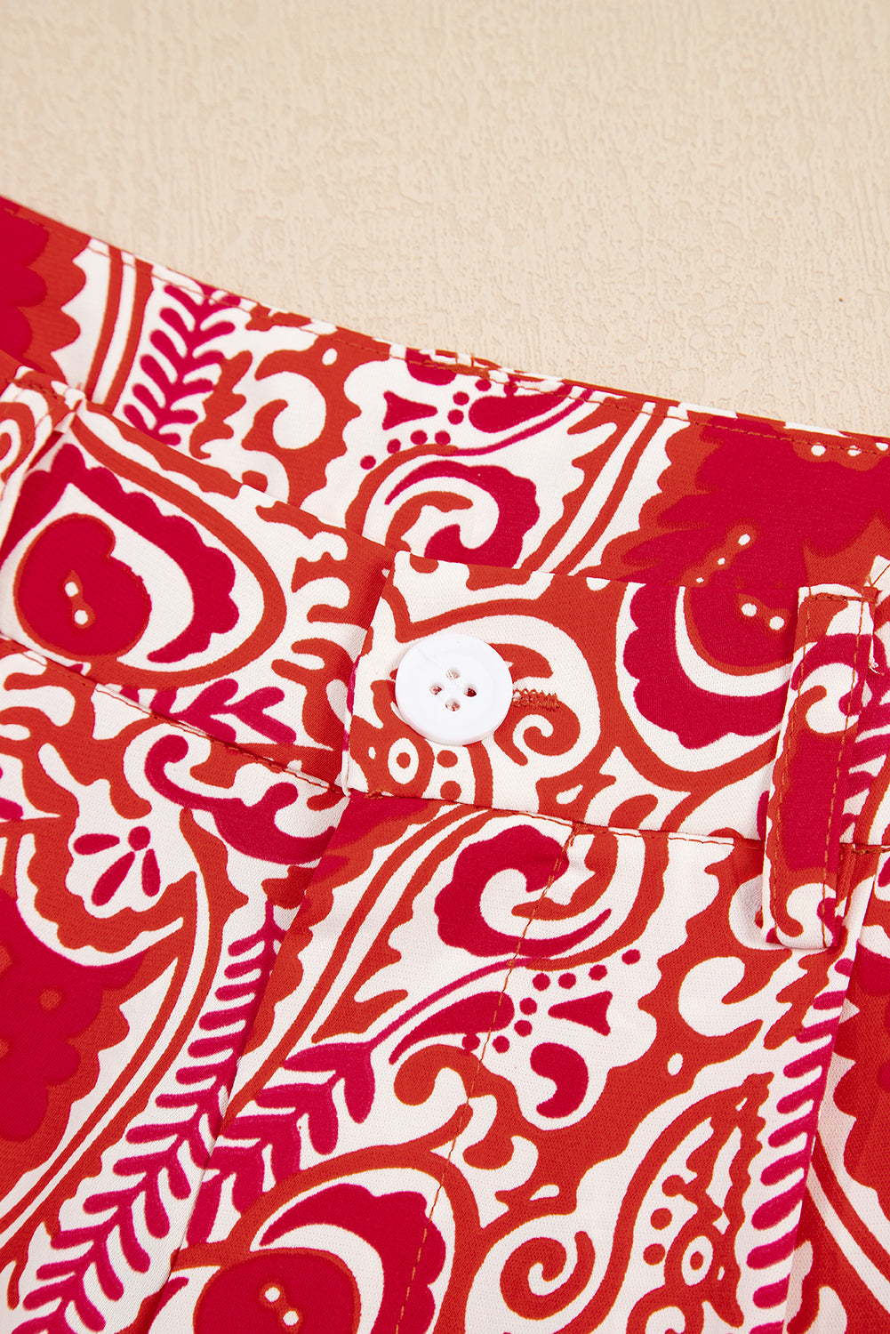 Red Paisley Printed Buttoned High Waist Straight Leg Trousers eAura