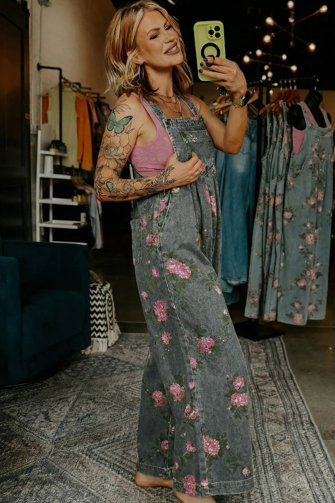 Floral Print Pleated Wide Leg Denim Jumpsuit – High Waist