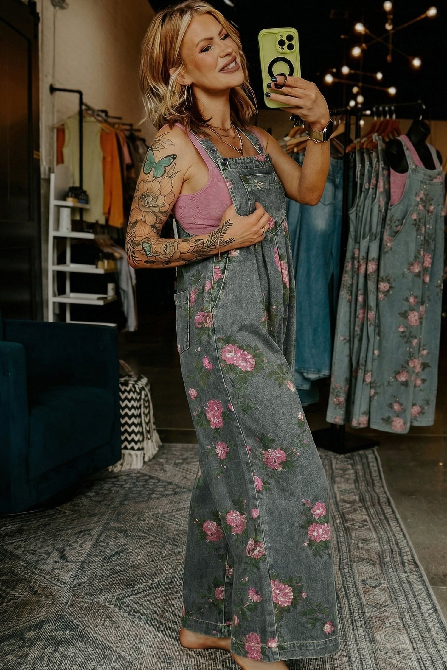 Floral Print Pleated Wide Leg Denim Jumpsuit – High Waist