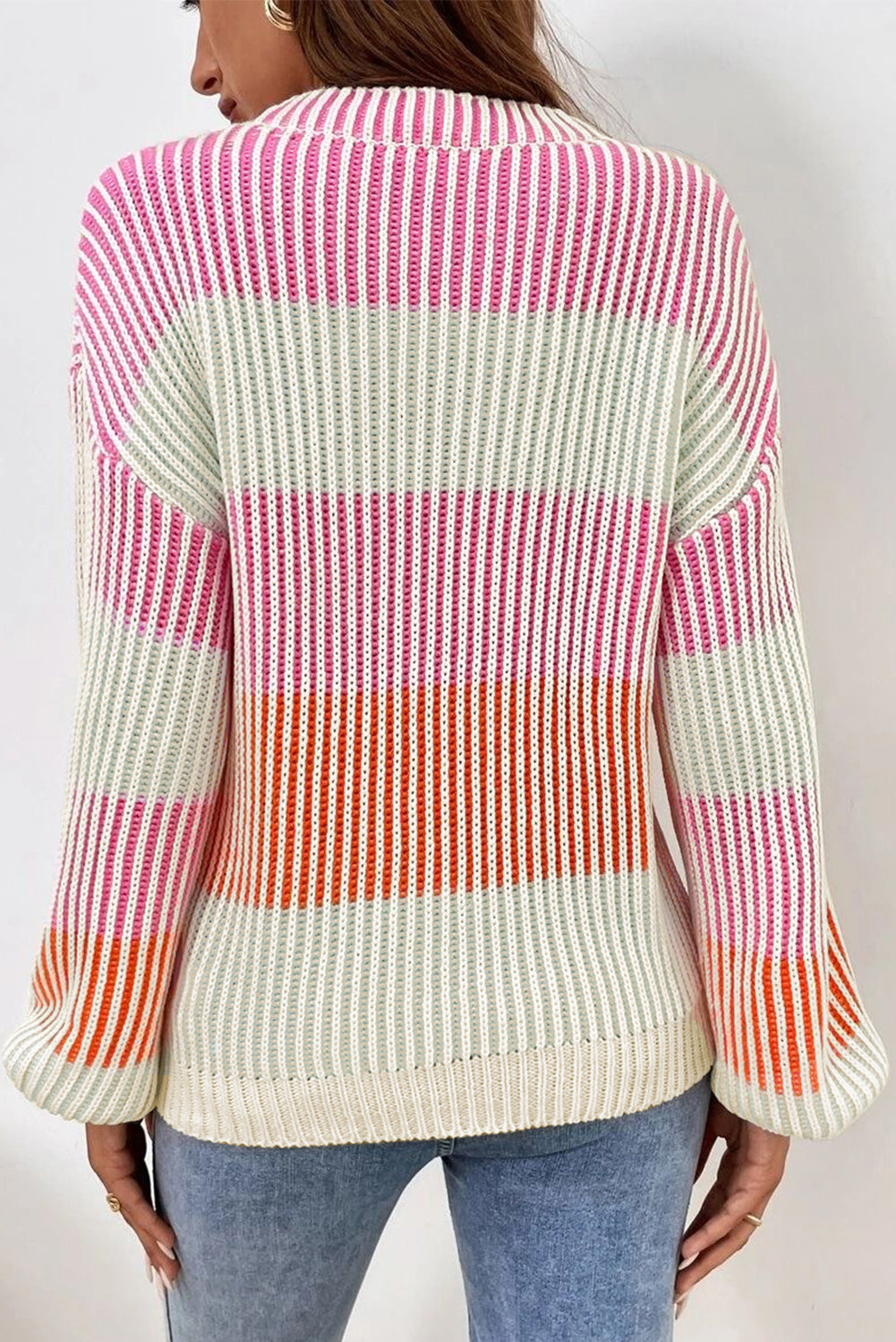 Pink Colourblock Textured Knit Bubble Sleeve Sweater eAura
