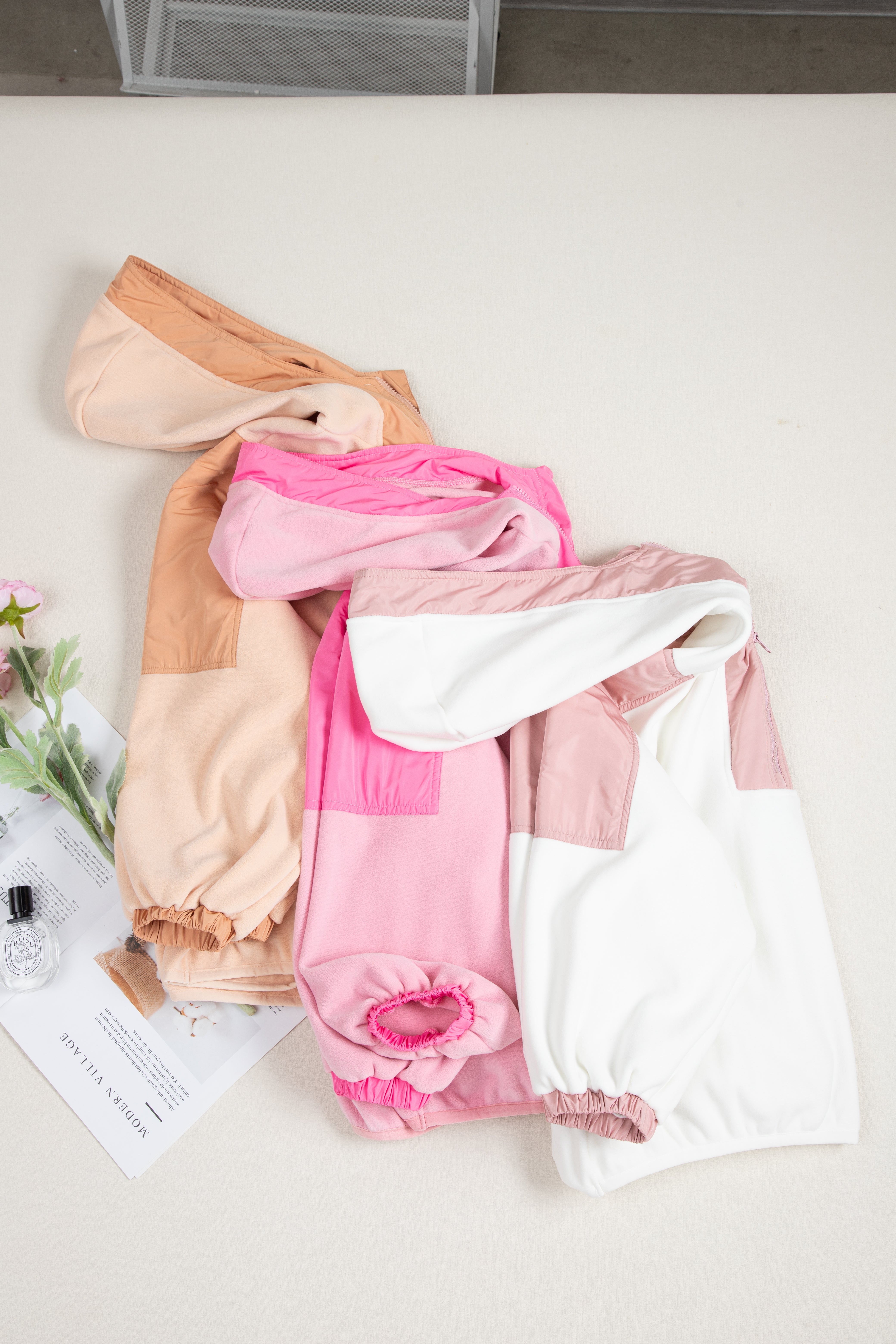 Light French Beige Colourblock Patchwork Half Zip Oversized Sherpa Hoodie eAura