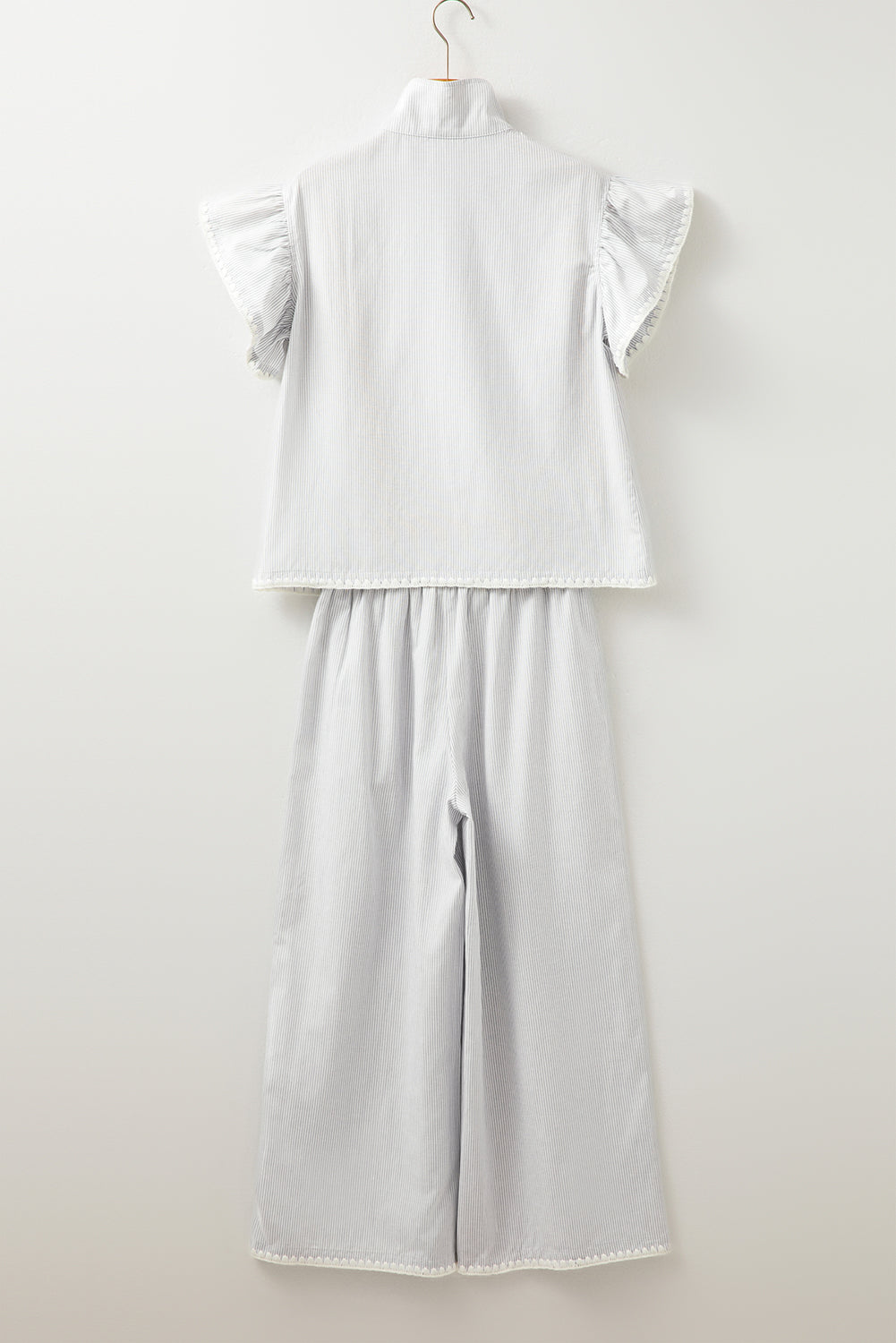 Stripe Zip up Collar Ruffled Sleeve Tee and Wide Leg Trousers Co-ord eAura