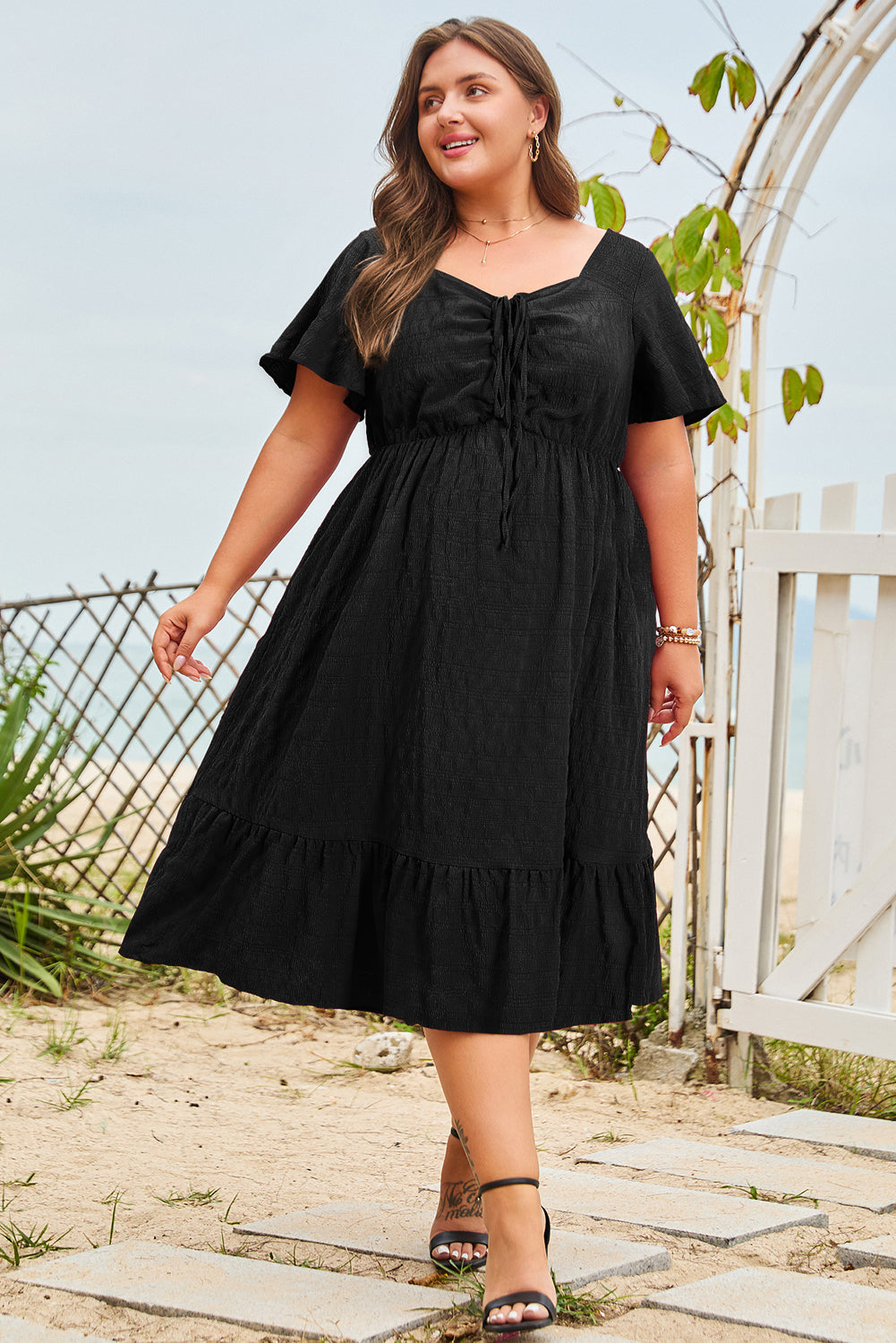 Plus Size Short Sleeve Lace-up High Waist Midi Dress