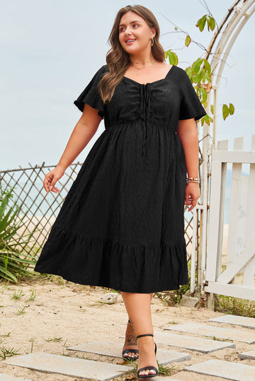 Plus Size Short Sleeve Lace-up High Waist Midi Dress