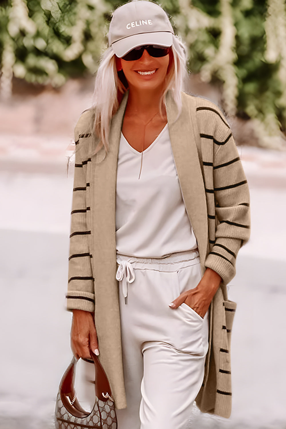 Black Stripe Shawl Neckline Open Cardigan with Pockets eAura