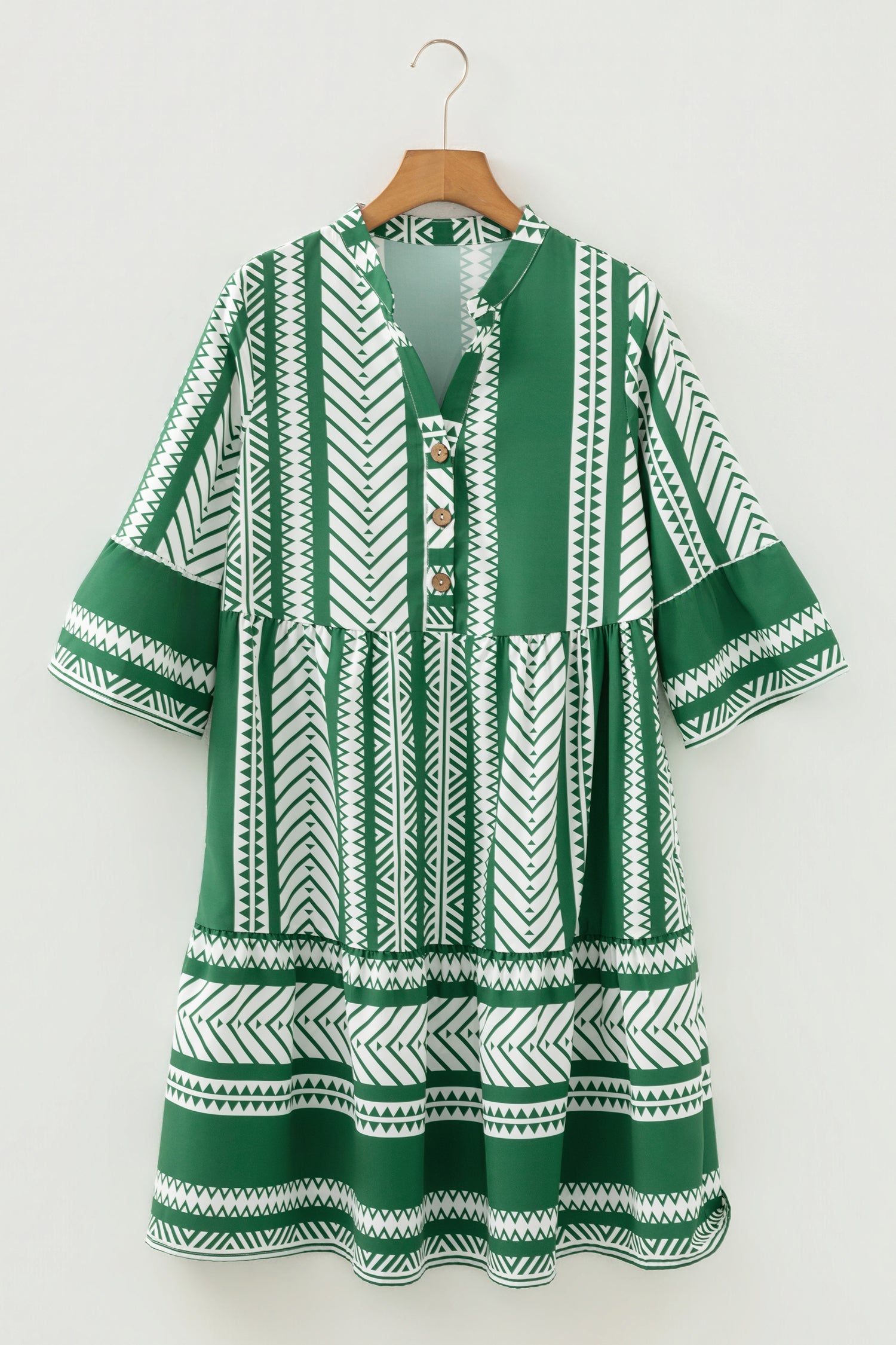 Green Boho Ethnic Print Half Button 3/4 Sleeve Casual Dress