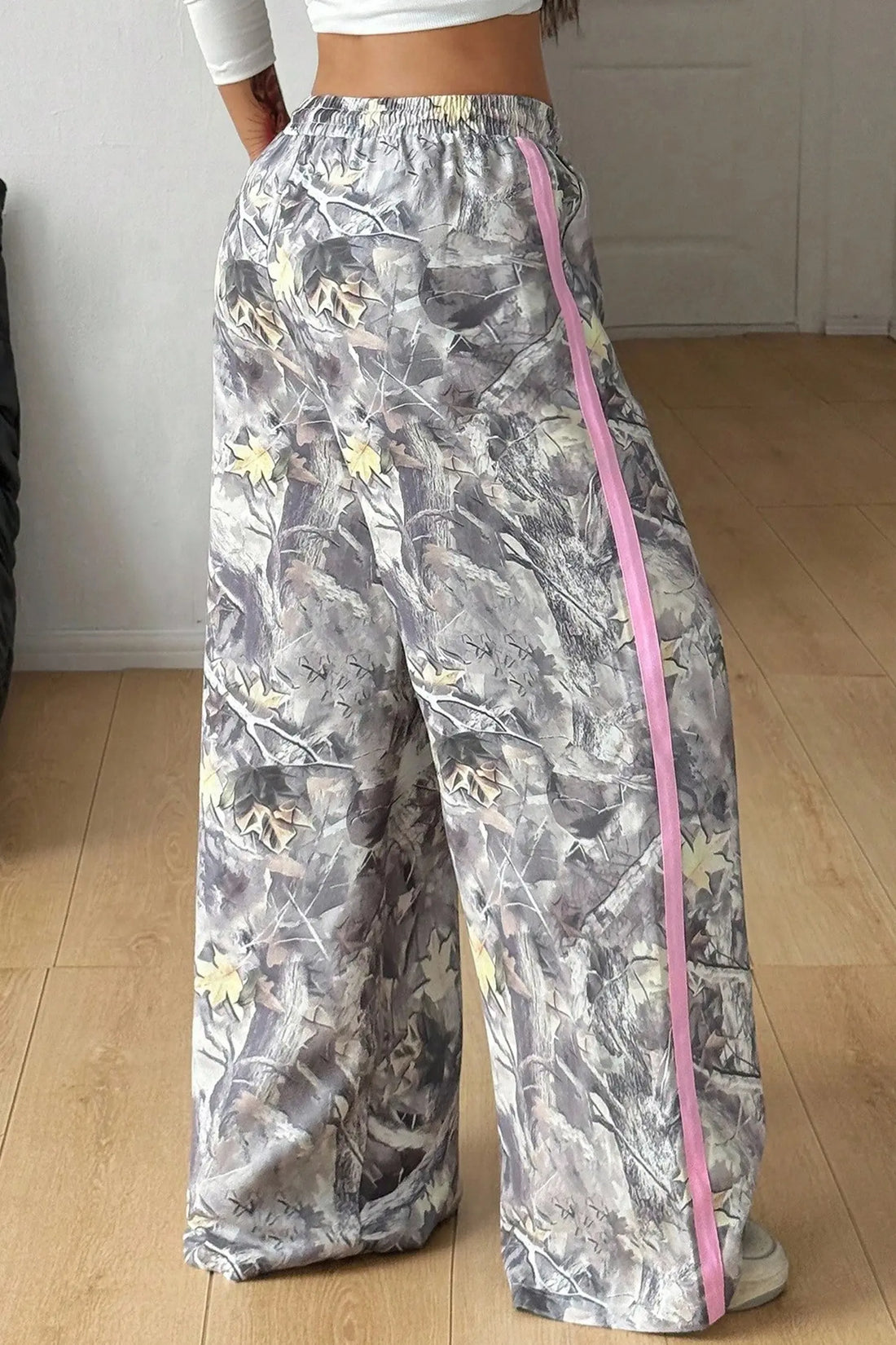Camo Woodland Print Colour Block Detail Drawstring Wide Leg Sweatpants