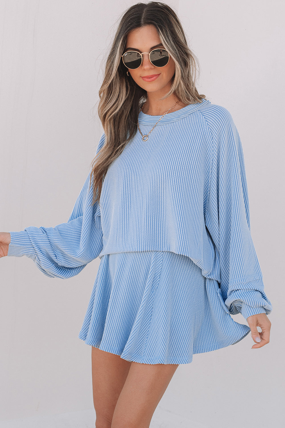 Soft Cord Lantern Sleeve Top & High Waist Ruffled Mini Skort Co-ord Dear-Lover Dropshipping