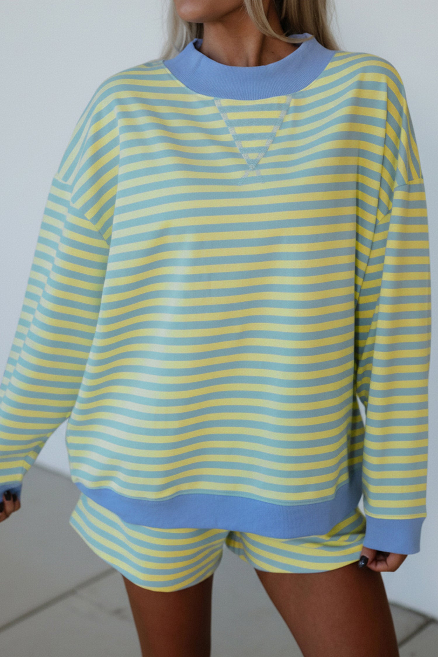 Color Block Detail Long Sleeve Pullover Elastic Waist Pull On Shorts 2pcs Set – Yellow Stripe