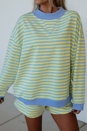 Color Block Detail Long Sleeve Pullover Elastic Waist Pull On Shorts 2pcs Set – Yellow Stripe