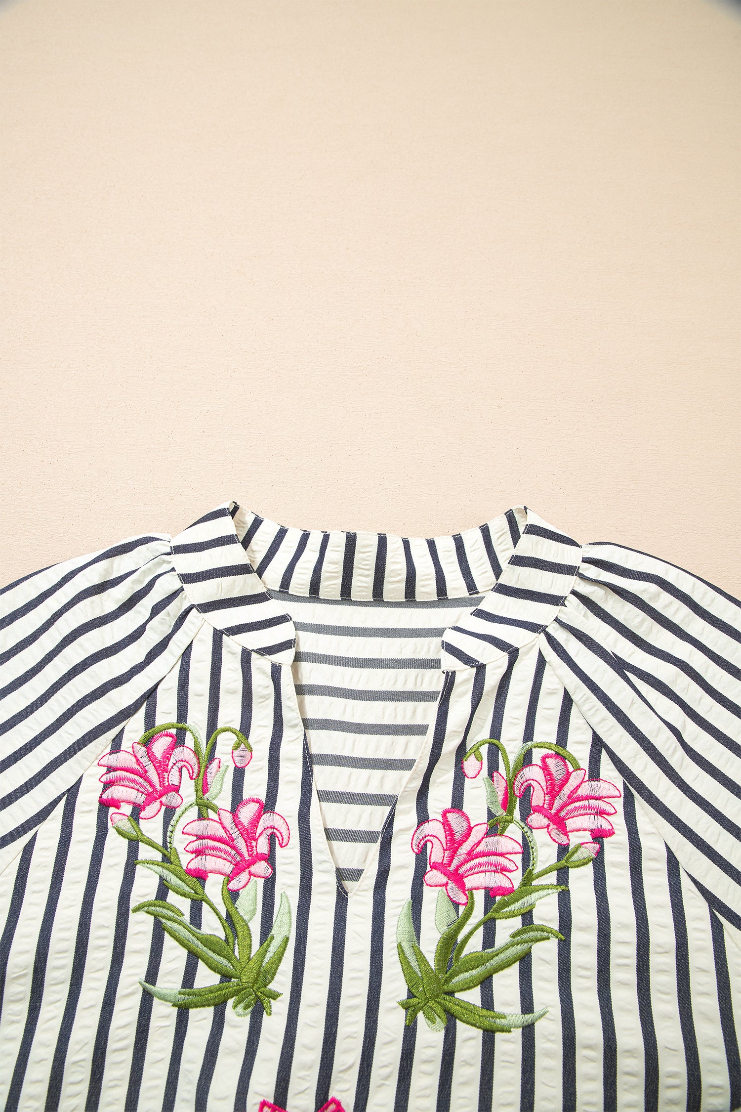 Stripe Floral Embroidered Detail V-Neck Short Sleeve Blouse