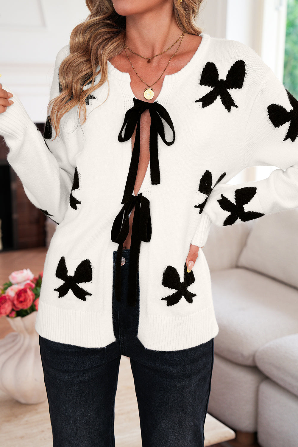 White Tie-Up Front Bow Pattern Knit Cardigan - eAura