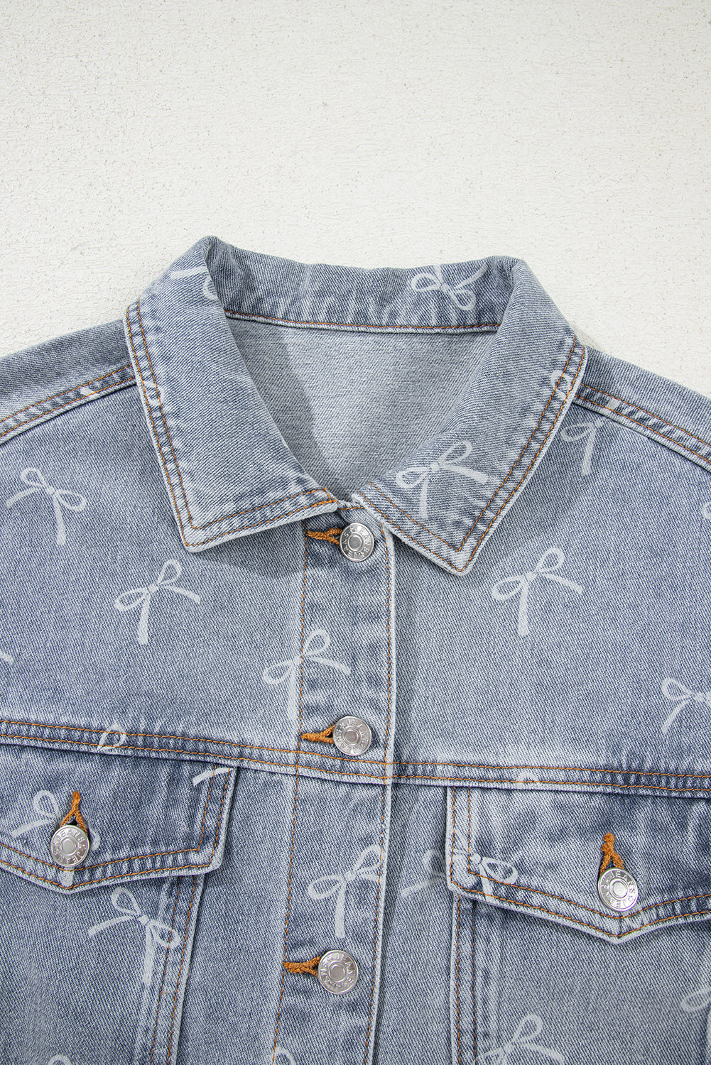 Sky Blue Bow Knot Print Light Wash Raw Hem Denim Jacket Dear-Lover Dropshipping