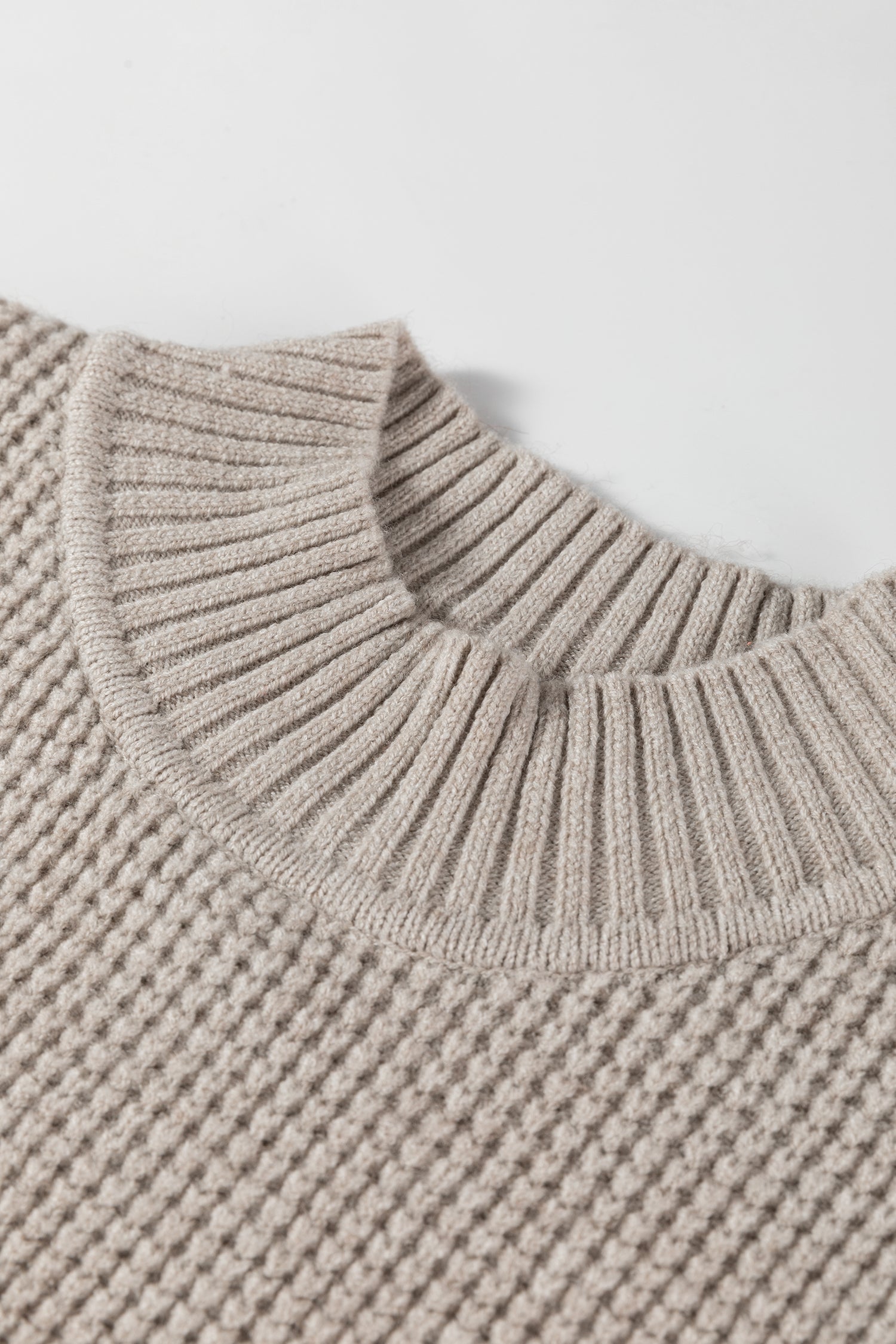 Waffle Texture Knit Ribbed High Neck Drop Shoulder Sweater - eAura